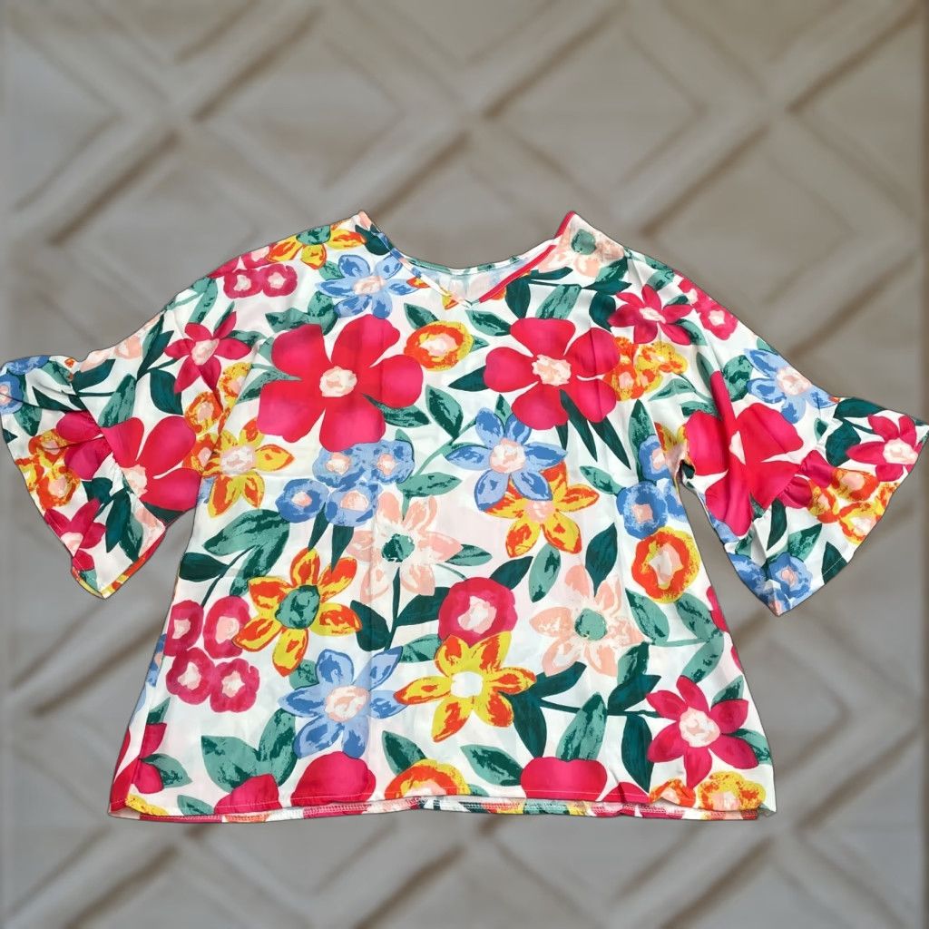 Bell Unbranded Floral Blouse Womens 2XL Multicolor V-Neck Bell Sleeve Summer Top NWT Size XXL / US 16-18 / IT 52-54 - 1 Thumbnail