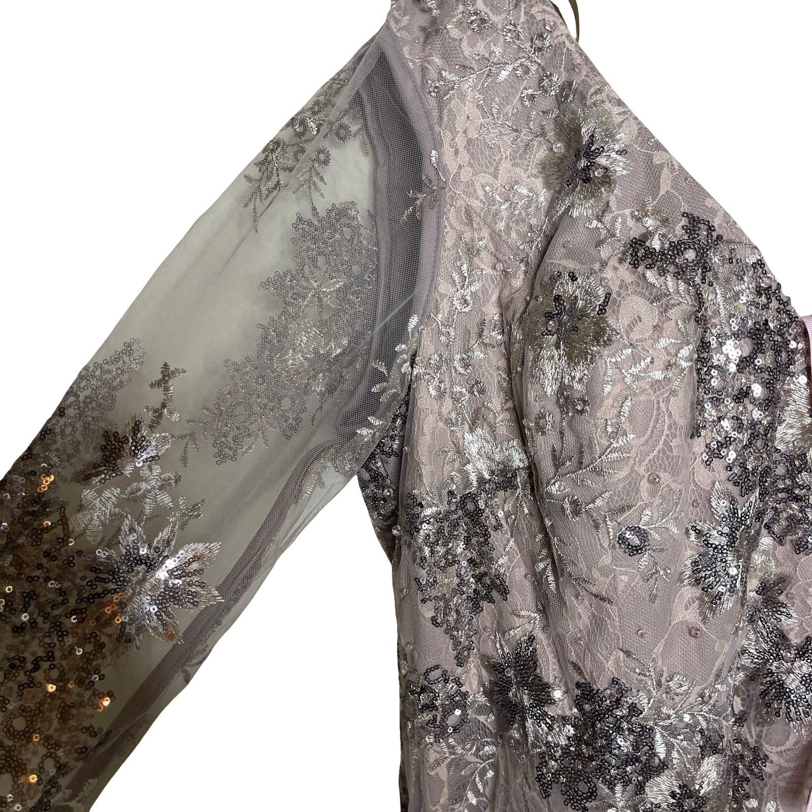 Other MAC DUGGAL Beige V Neck Mesh Long Sleeve Embroidered Gown Size XXL / US 16-18 / IT 52-54 - 6 Thumbnail