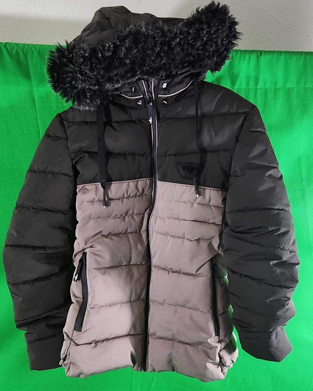 Designer Stylish Black and Gray Puffer Jacket with Faux Fur Hood Size L / US 10 / IT 46 - 1 Thumbnail