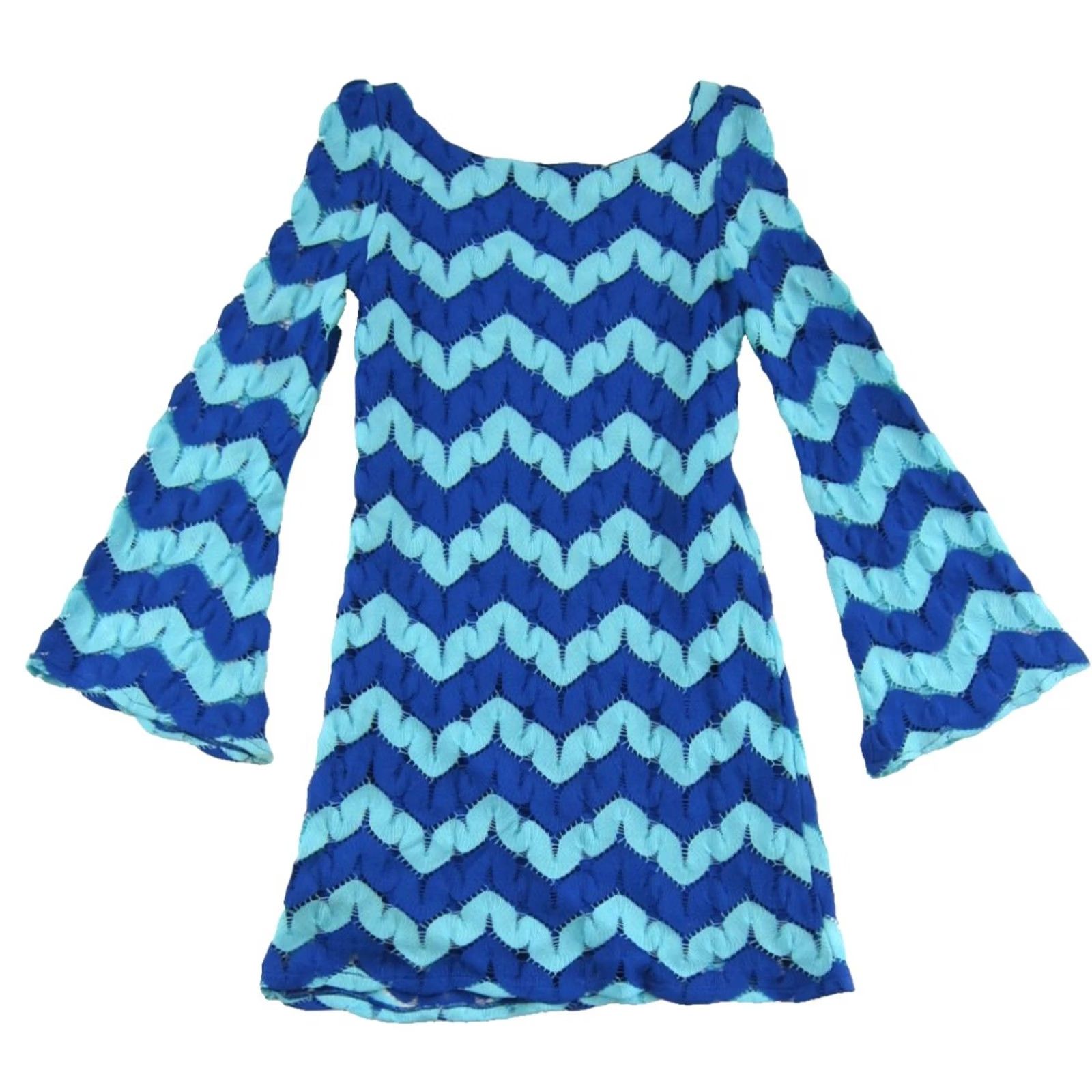 Vintage JUDITH MARCH Teal Blue Geometric Crochet Long Flare Sleeve Short Dress Small Size 28" / US 6 / IT 42 - 2 Thumbnail