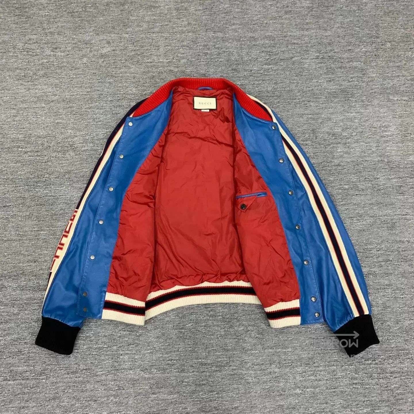 Gucci Blue Striped Bomber Jacket with Red Collar - M. Size US M / EU 48-50 / 2 - 6 Thumbnail