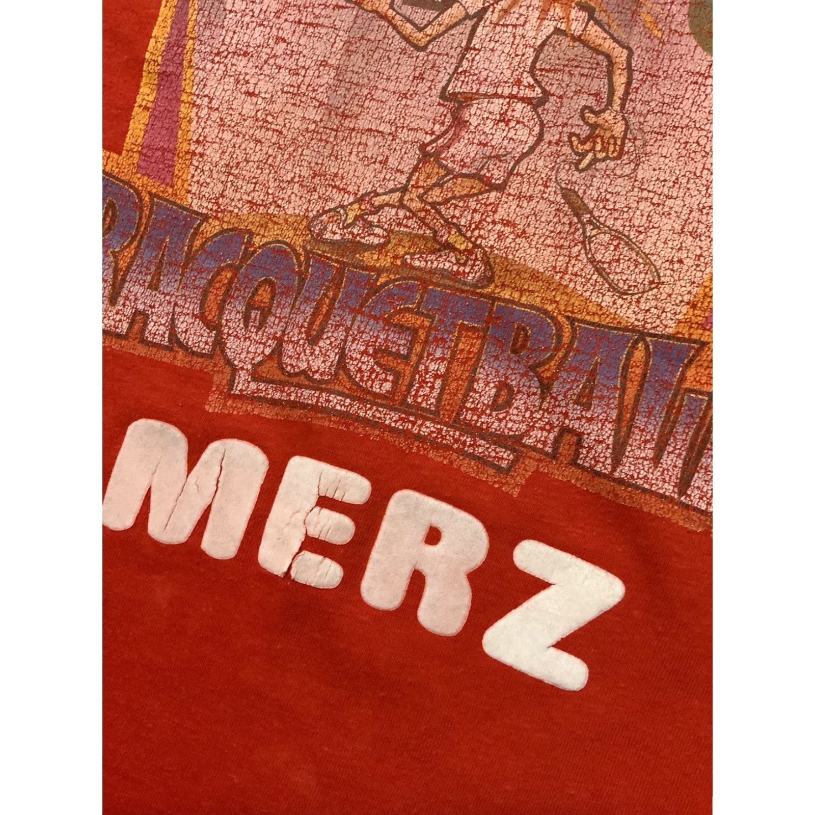 FELT VTG 70s 80s Ched Knits USA Made Racquetball Single Stitch Felt Letter T-Shirt LG Red Cotton Short Sleeve Men's/Unisex T-Shirt Size US L / EU 52-54 / 3 - 6 Thumbnail