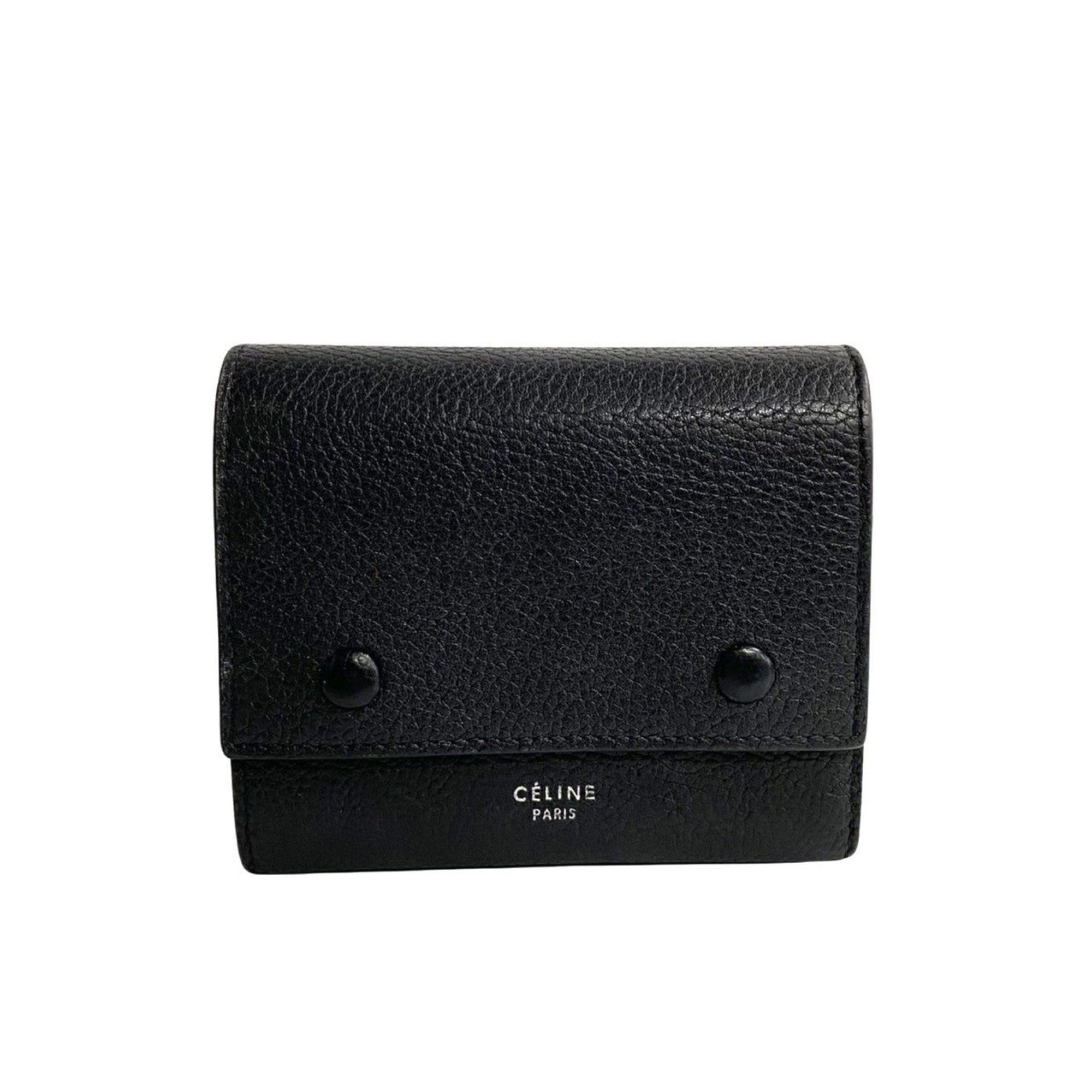 image of Celine Small Folded Multi-Function Leather Tri-Fold Wallet Black 28642, Women's