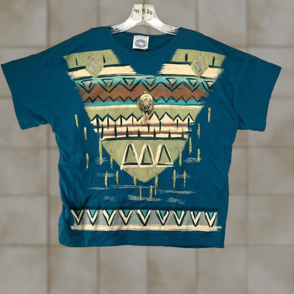 Altea VINTAGE Sassy Sport Western T Shirt M Women Teal Gold Paint Tribal Geometric Glitter Buckle 80s 90s City Hipster Modern Cowgirl Casual Size M / US 6-8 / IT 42-44 - 1 Thumbnail