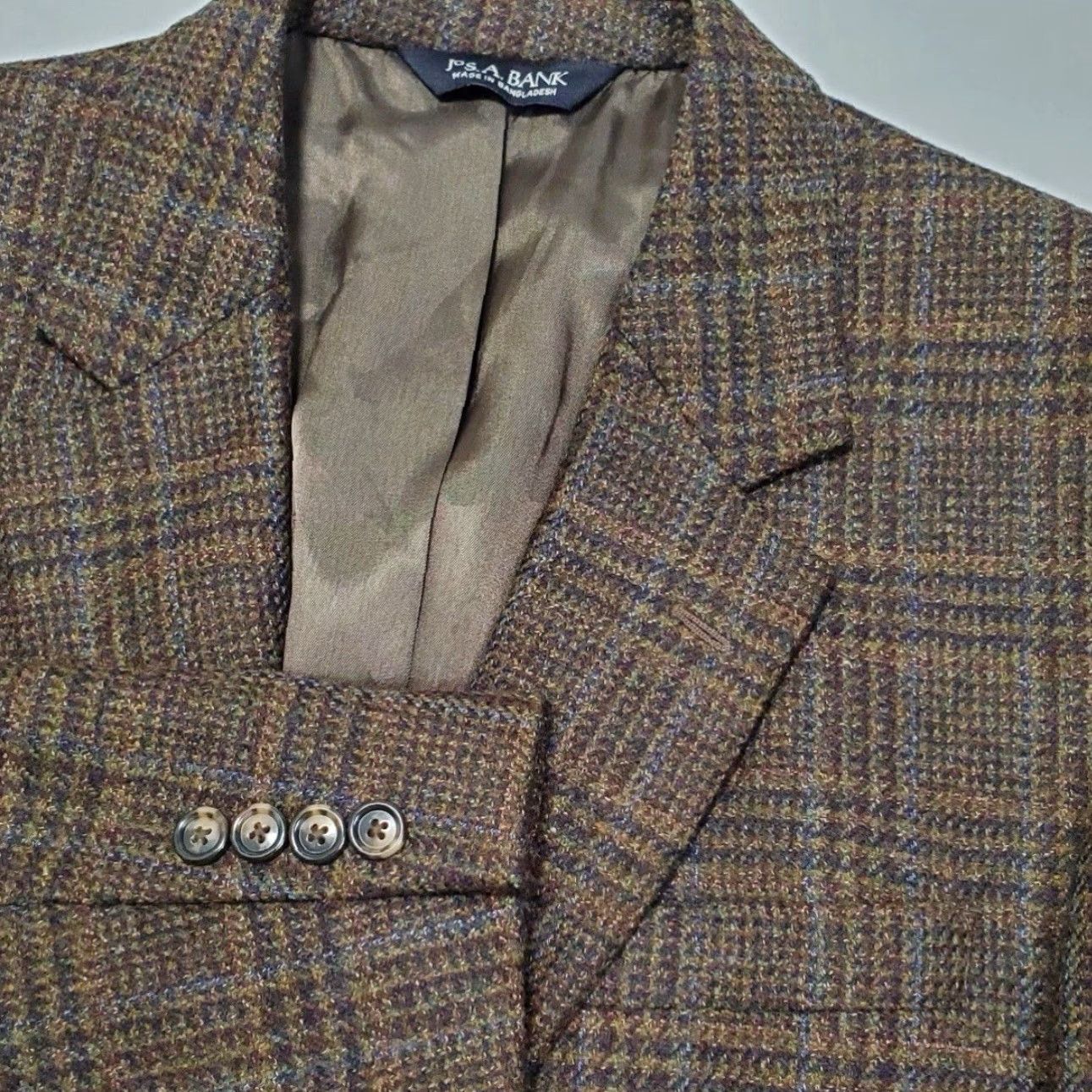 Jos. A. Bank VINTAGE Jos A Bank Sport Coat Jacket Brown Check Plaid Lambswool Cashmere 44R Two-Button Notch Lapel Single-Vented Classic Men Size US S / EU 44-46 / 1 - 6 Thumbnail