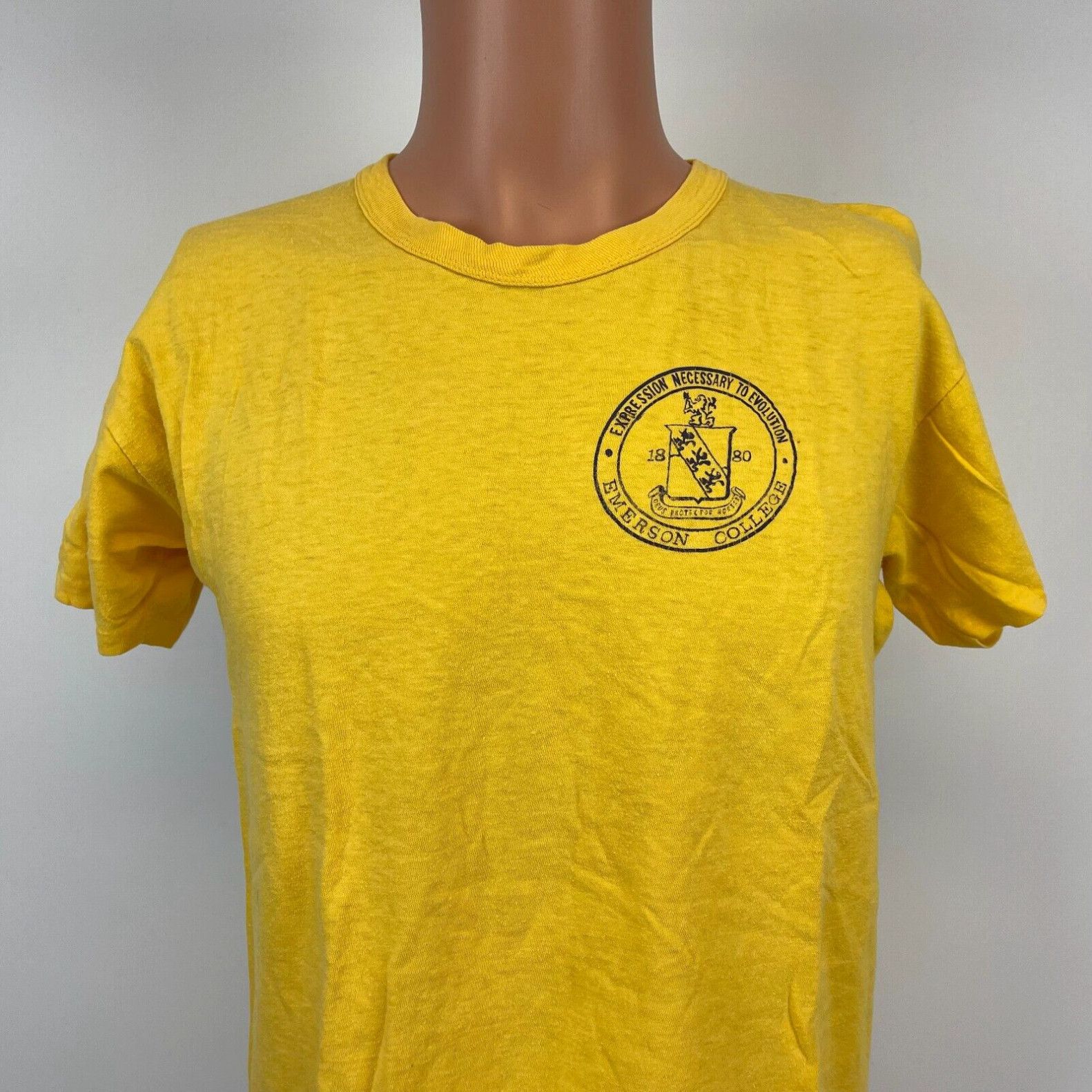 image of Vintage Emerson College Logo Single Stitch T Shirt VTG 70's Massachusetts Yellow Size XL in White