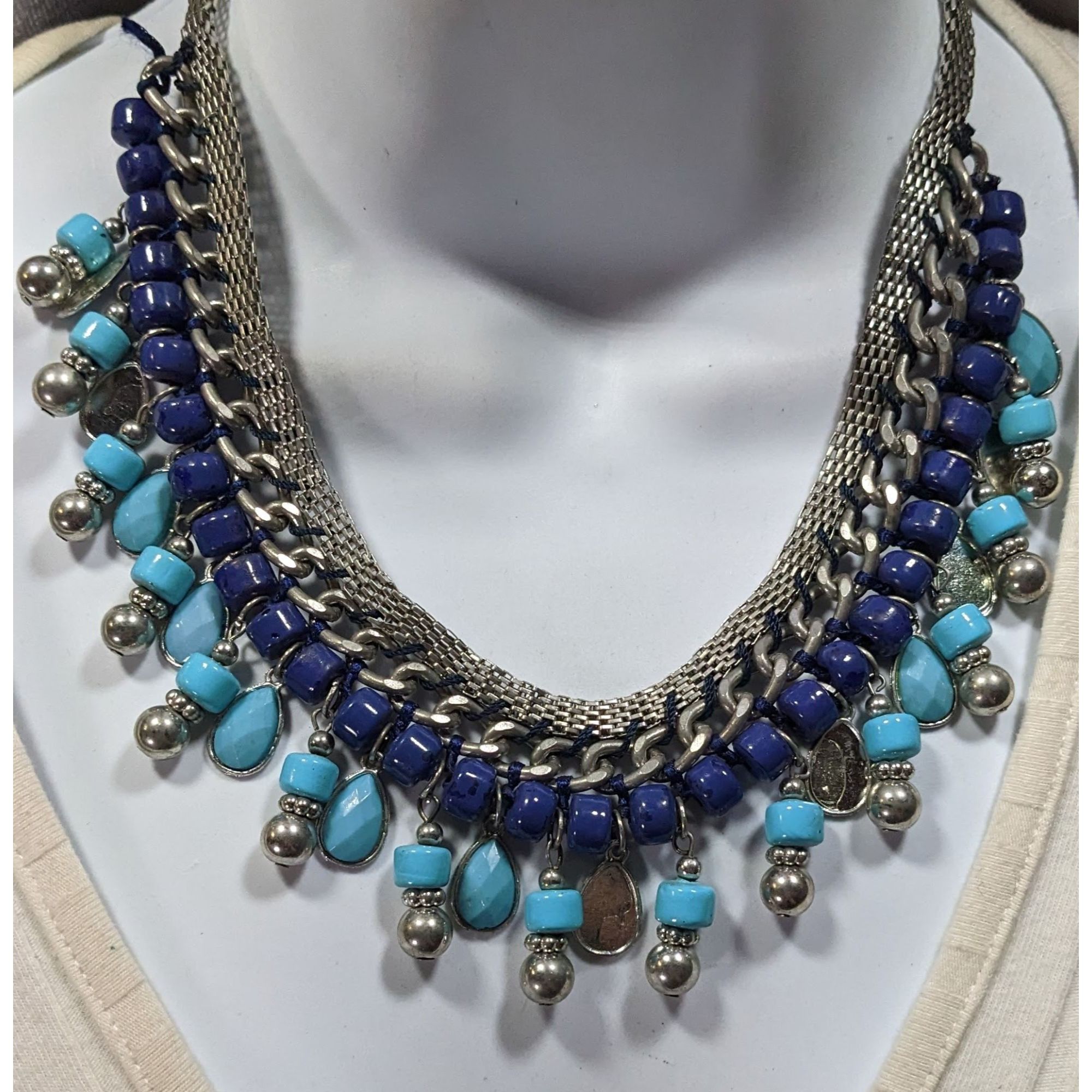 Other Bohemian Fringe Blue And Silver Tone Beaded Necklace Size ONE SIZE - 6 Thumbnail