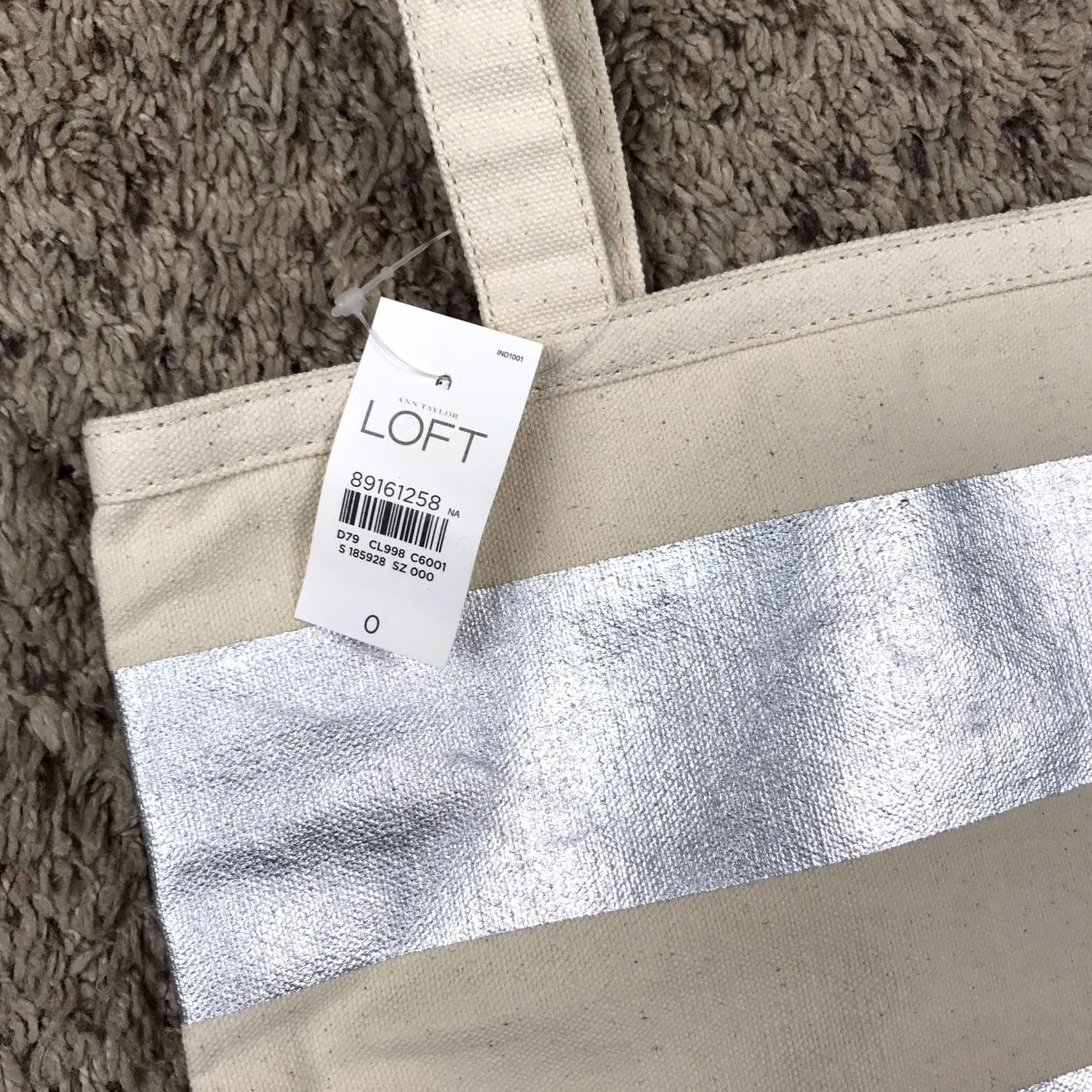 Ann Taylor NWT Ann Taylor Loft Beige Silver Striped Tote Bag 13.5x14 Beach Shopping Lightweight Canvas Open Tote Womens Size ONE SIZE - 2 Thumbnail