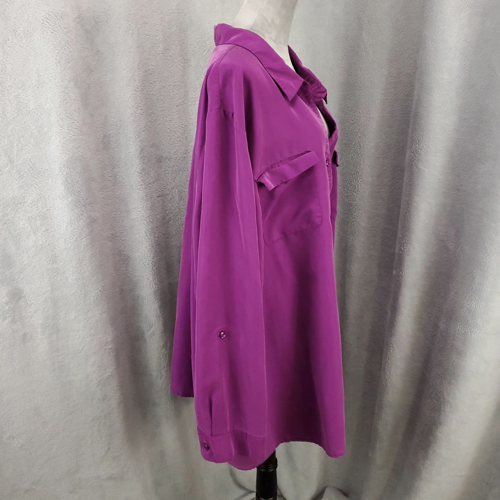 Vintage Catherines Shirt 5X Purple Roll Tab Sleeve Collared Button Solid Modal Polyester Blend Pockets All Seasons Size XXL / US 16-18 / IT 52-54 - 7 Thumbnail