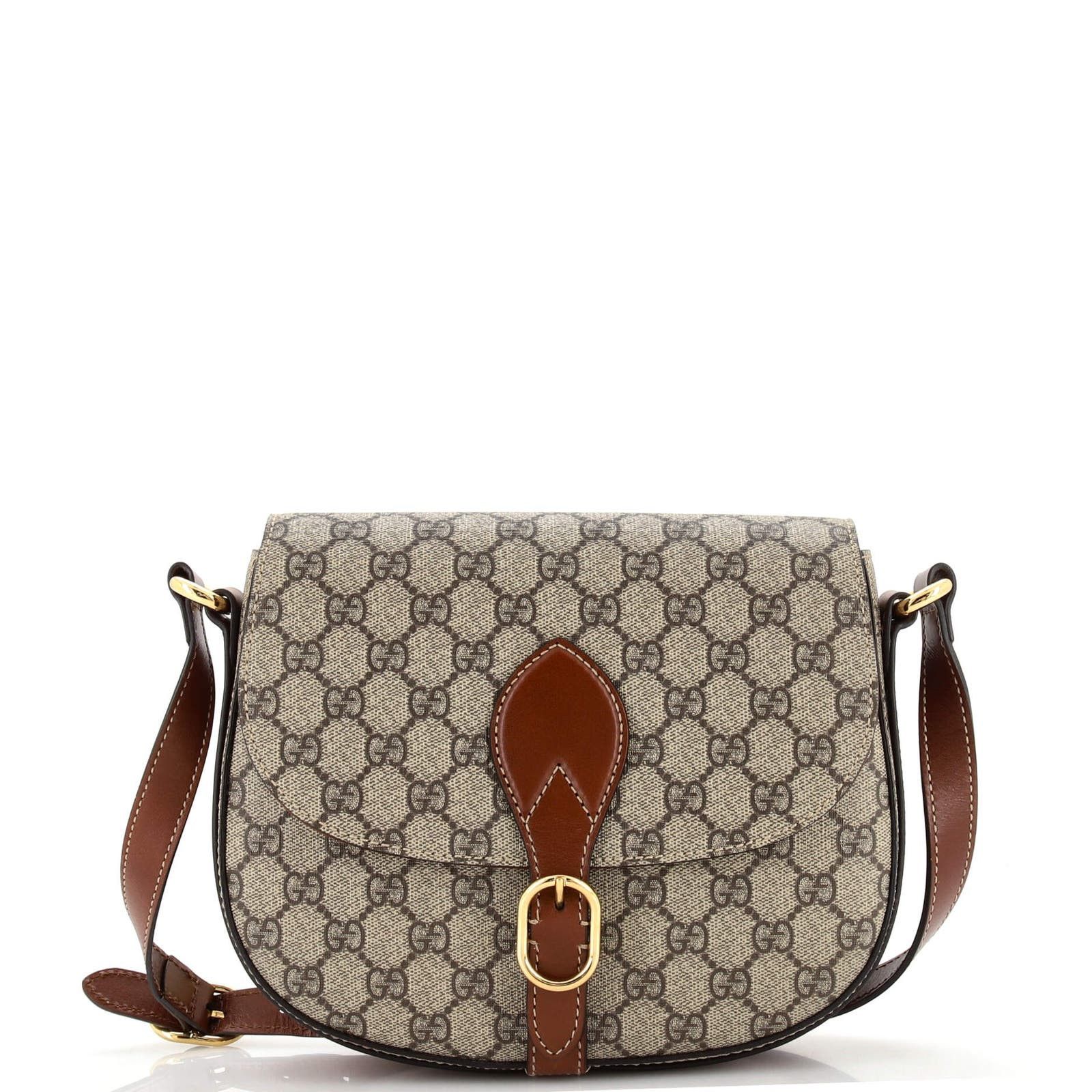 image of Gucci Flap Saddle Bag GG Coated Canvas Small in Brown, Women's