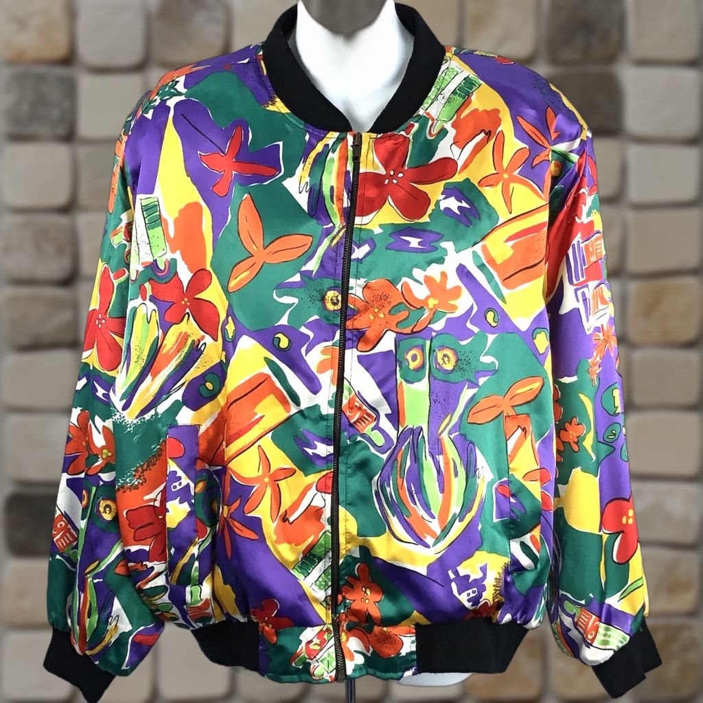 Vintage VINTAGE Stefano Satin Jacket L Retro Pop Abstract Art Full Zip Pockets Lined Mens Size US L / EU 52-54 / 3 - 1 Thumbnail