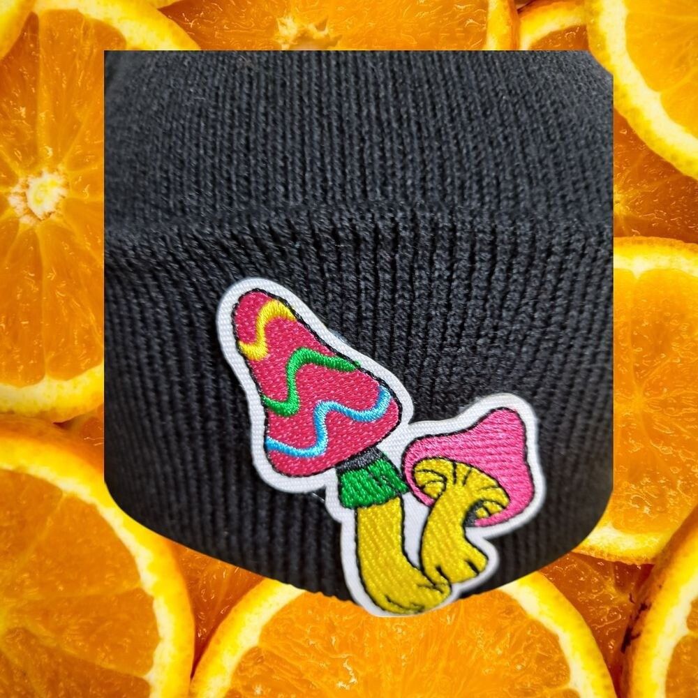 Other Mushroom Beanie Black Knit Hat Winter Cap Colorful Embroider Size ONE SIZE - 5 Thumbnail