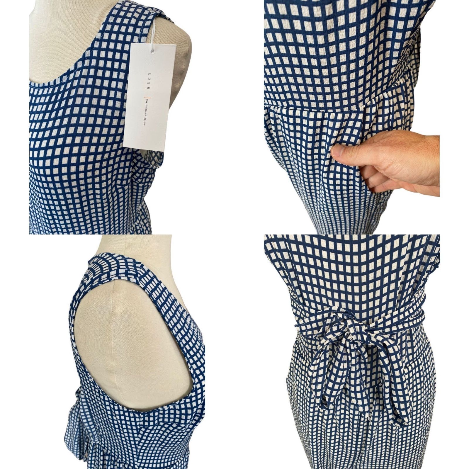 Vintage LUSH Check Jumpsuit One-Piece Crepe Sleeveless Medium White Blue Wide Leg Womens M Size 32" / US 10 / IT 46 - 8 Thumbnail