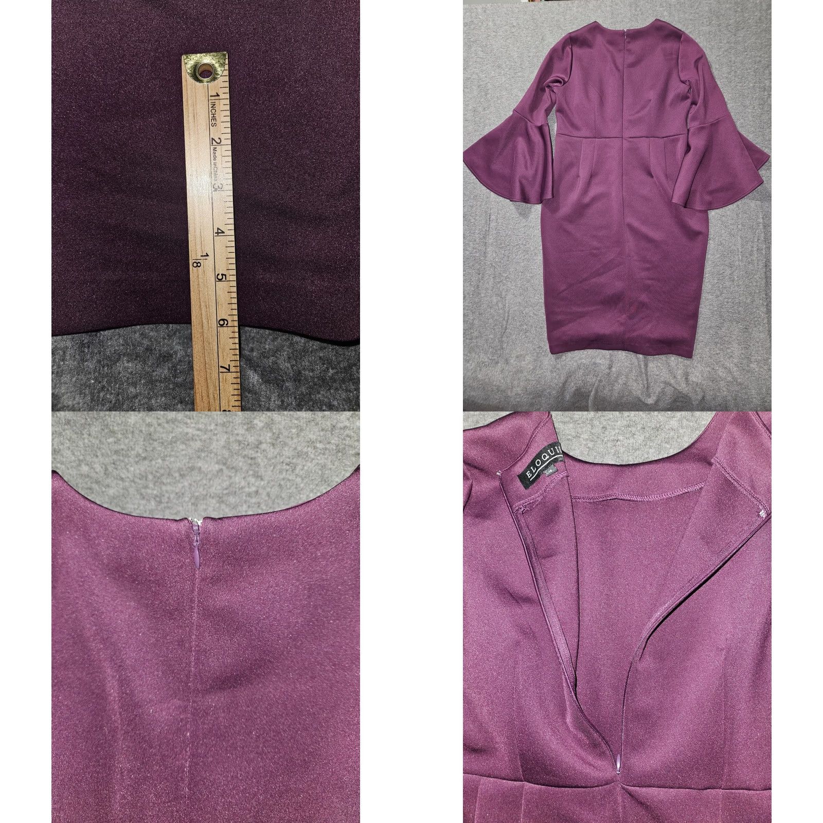 Vintage Eloquii Dress Womens 14 Purple Long Bell Sleeve Sheath Stretch Knit Cocktail Dress Size XL / US 12-14 / IT 48-50 - 8 Thumbnail