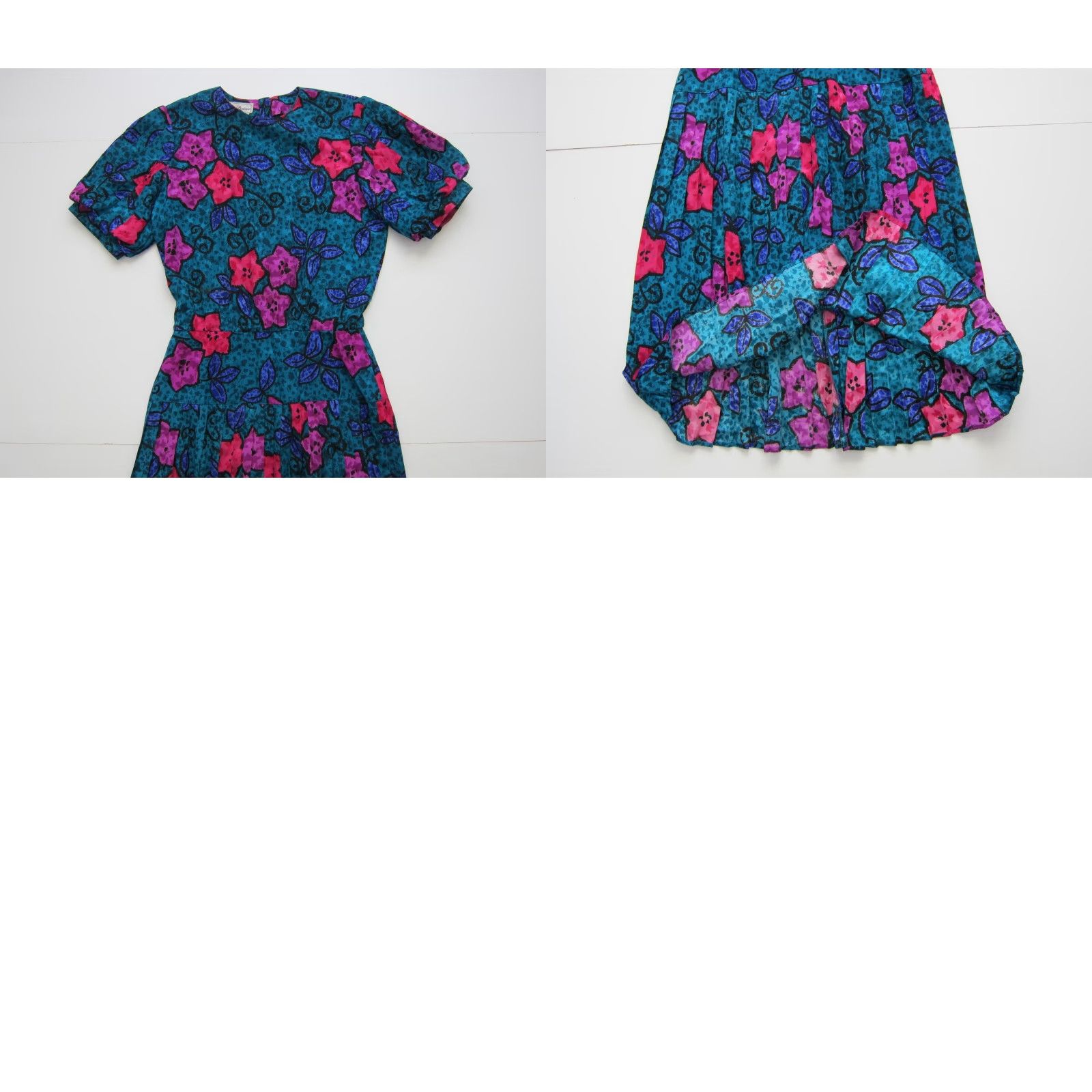 Vintage Vtg Maggy Boutique Green Blue Pink Floral Short Sleeve Pleated Sheath Dress 12 Size 34" / US 12 / IT 48 - 8 Thumbnail