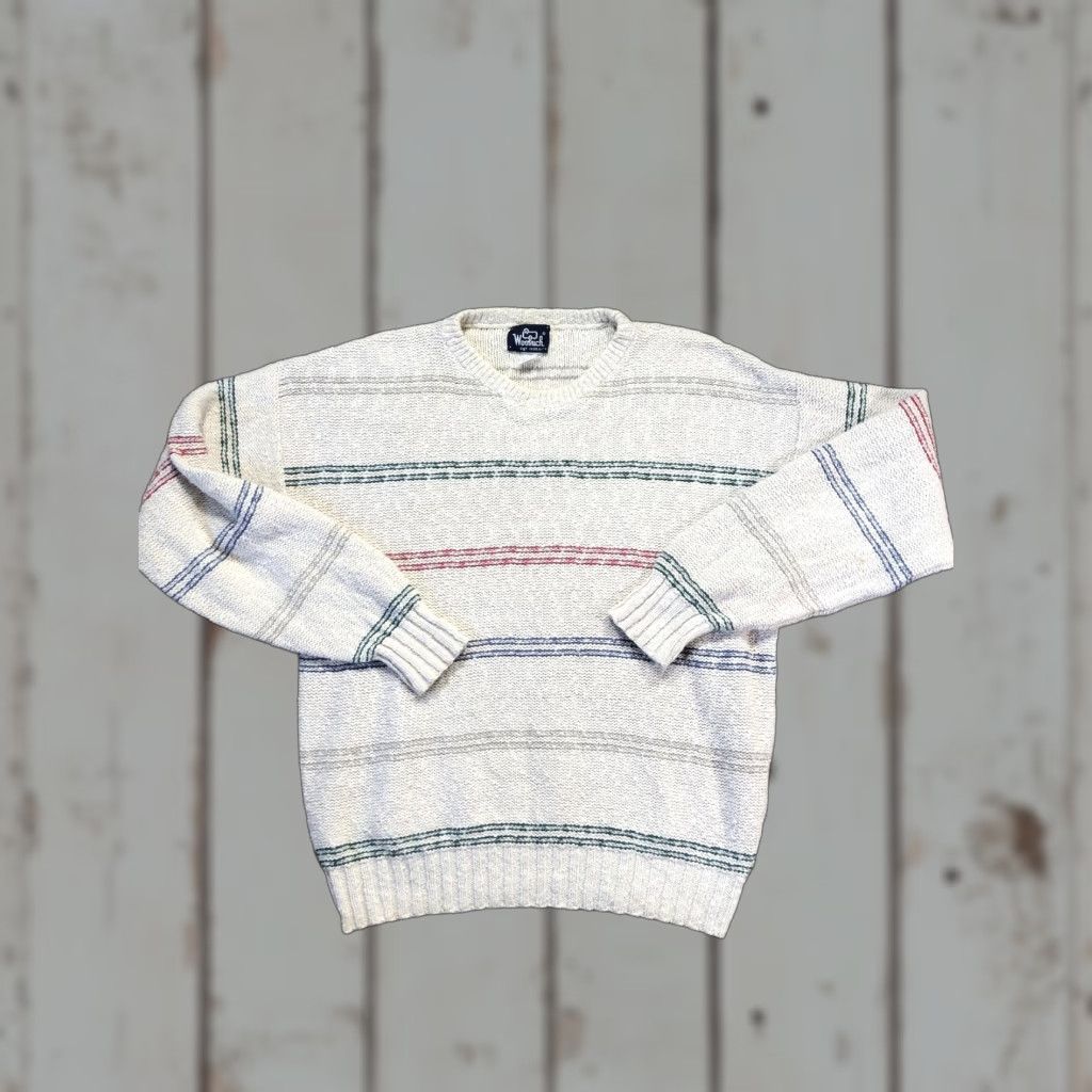 Vintage VINTAGE Woolrich Sweater Mens Large Beige Striped Cotton Knit Pullover USA 80s Size US L / EU 52-54 / 3 - 1 Thumbnail
