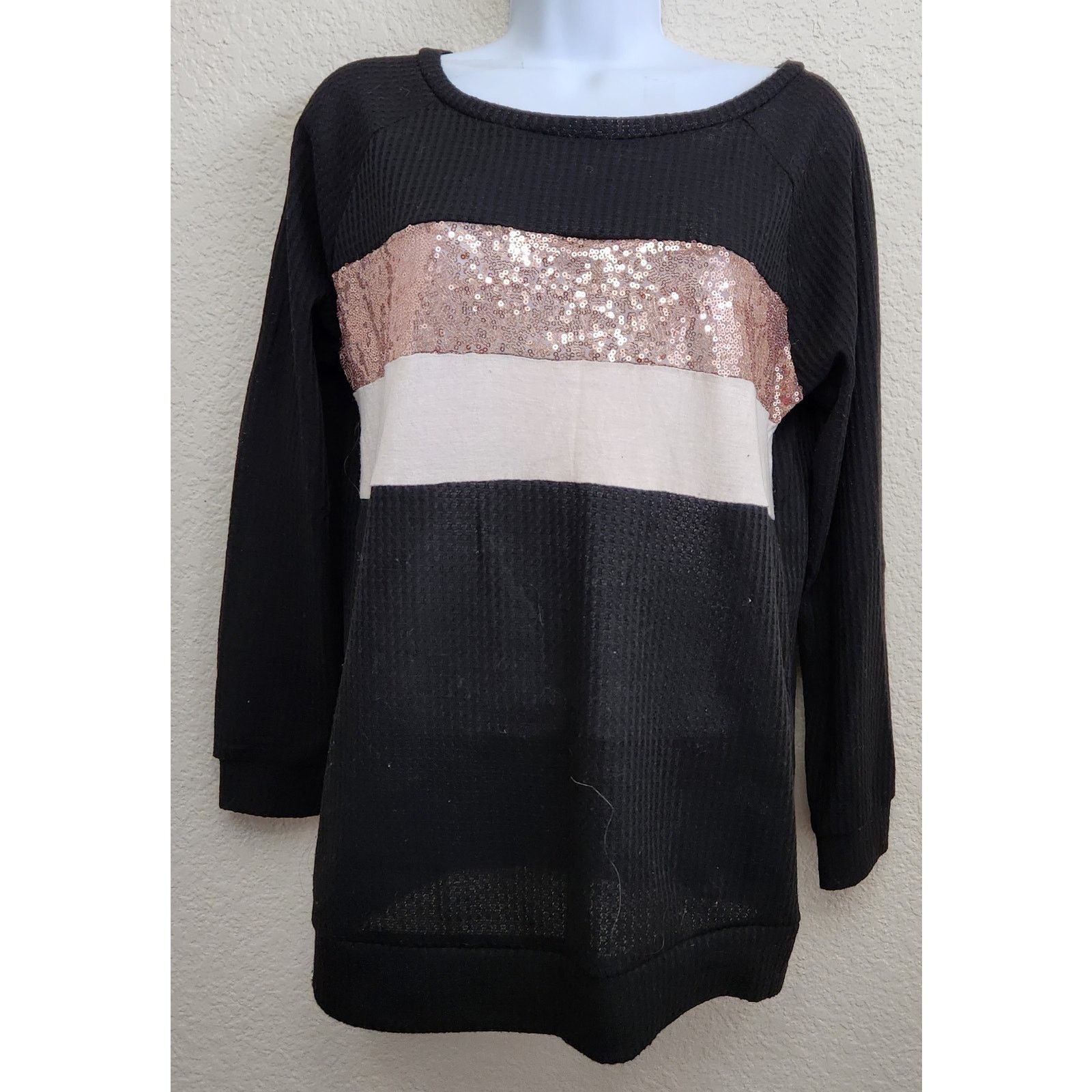 Other Bibi Black Pink Sequin Stripe Waffle Knit Top Small Soft Size S / US 4 / IT 40 - 1 Thumbnail