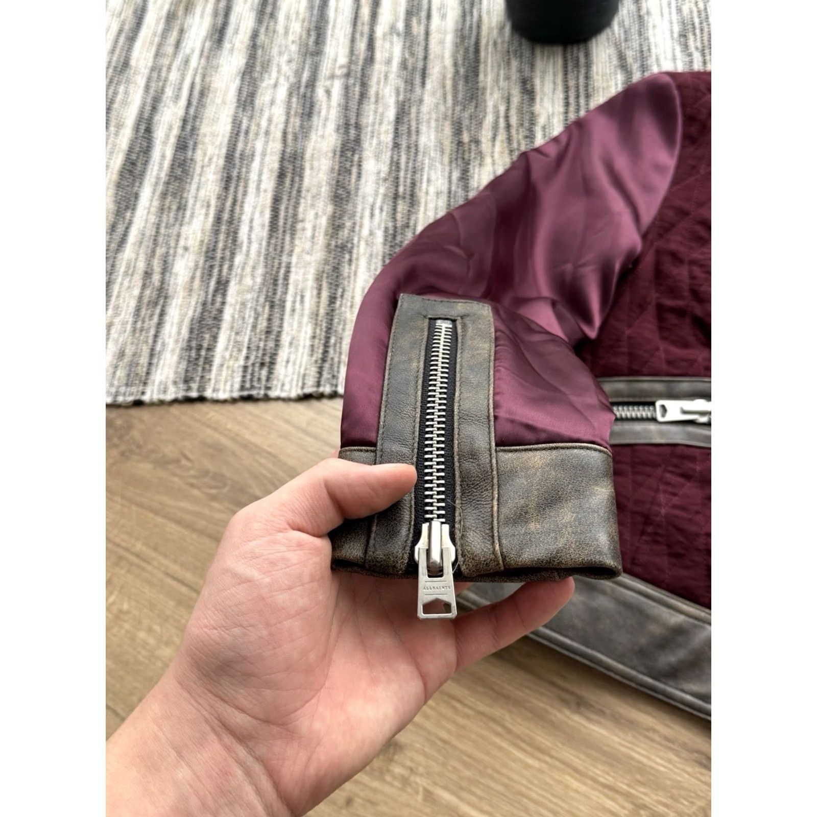 Allsaints VINTAGE AllSaints Womens Cross Biker Quilted Satin Moto Burgundy Jacket XS Size XS / US 0-2 / IT 36-38 - 5 Thumbnail