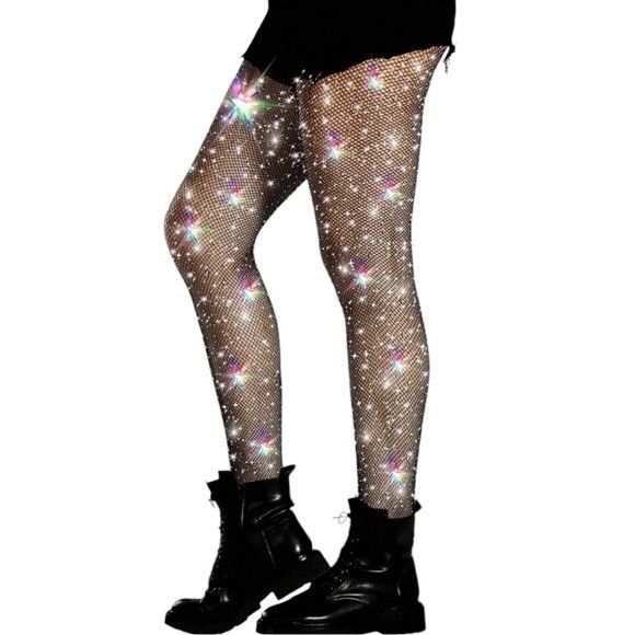 Other Women Black Sparkly Glitter Rhinestone Fishnets Stockings Size ONE SIZE - 1 Thumbnail