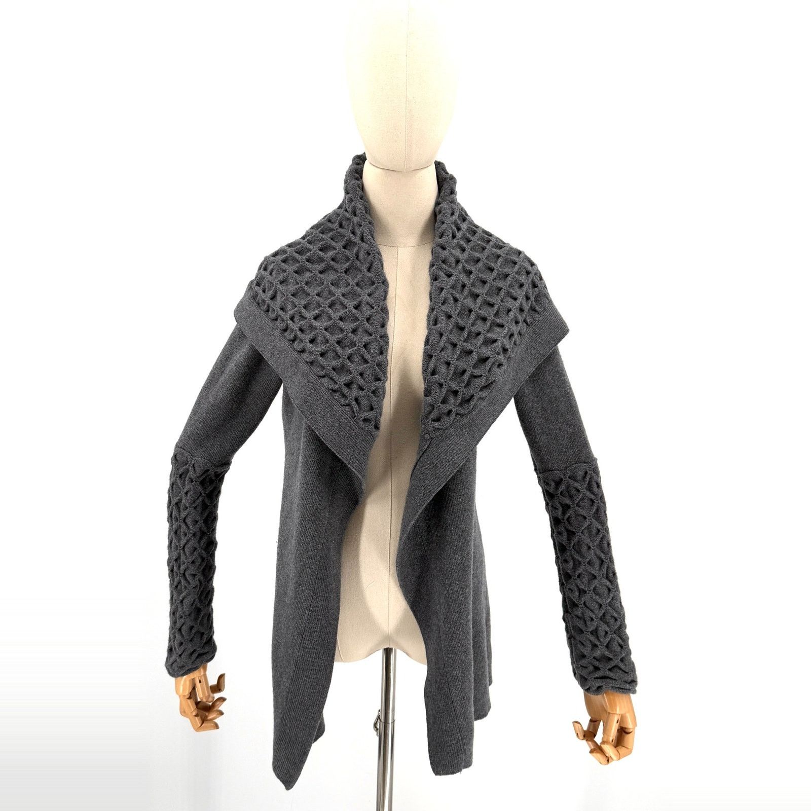 AQUA Gray Cashmere Wool Lattice Detail Shawl Collar Open Cardigan Size S / US 4 / IT 40 - 1 Thumbnail