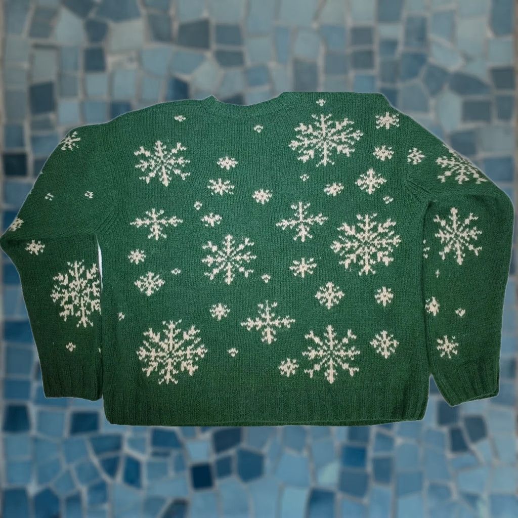 J.Crew VINTAGE J.CREW Forest Green Snowflake Crewneck Sweater 100% Wool Oversized Women's S Cats? Size S / US 4 / IT 40 - 1 Thumbnail