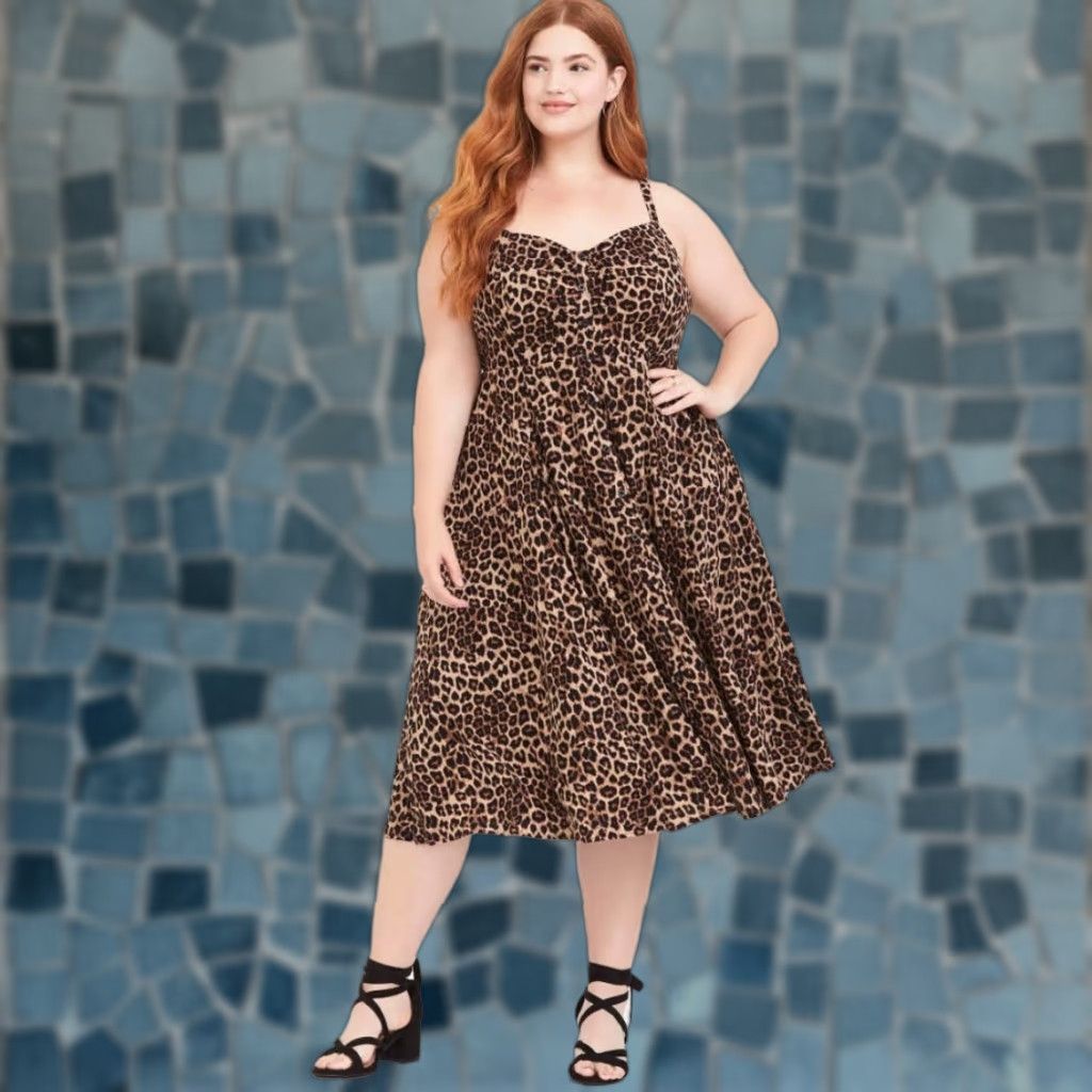 VINTAGE Torrid Plus Size Midi Dress Women 4X Brown Leopard Button