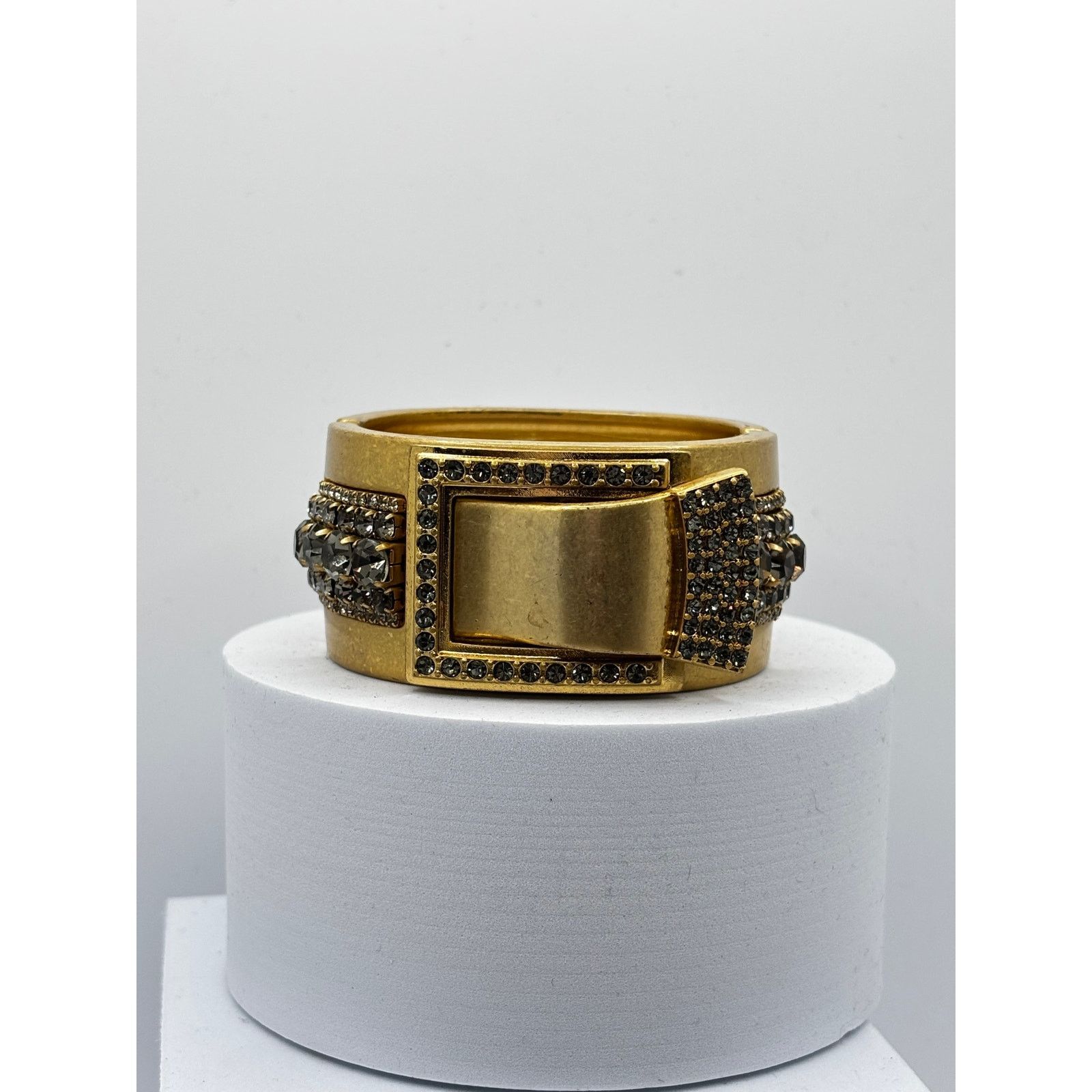 Homemade Brushed Gold Smokey Crystal Bow Hinged Clamper Bracelet 6" Size ONE SIZE - 3 Thumbnail