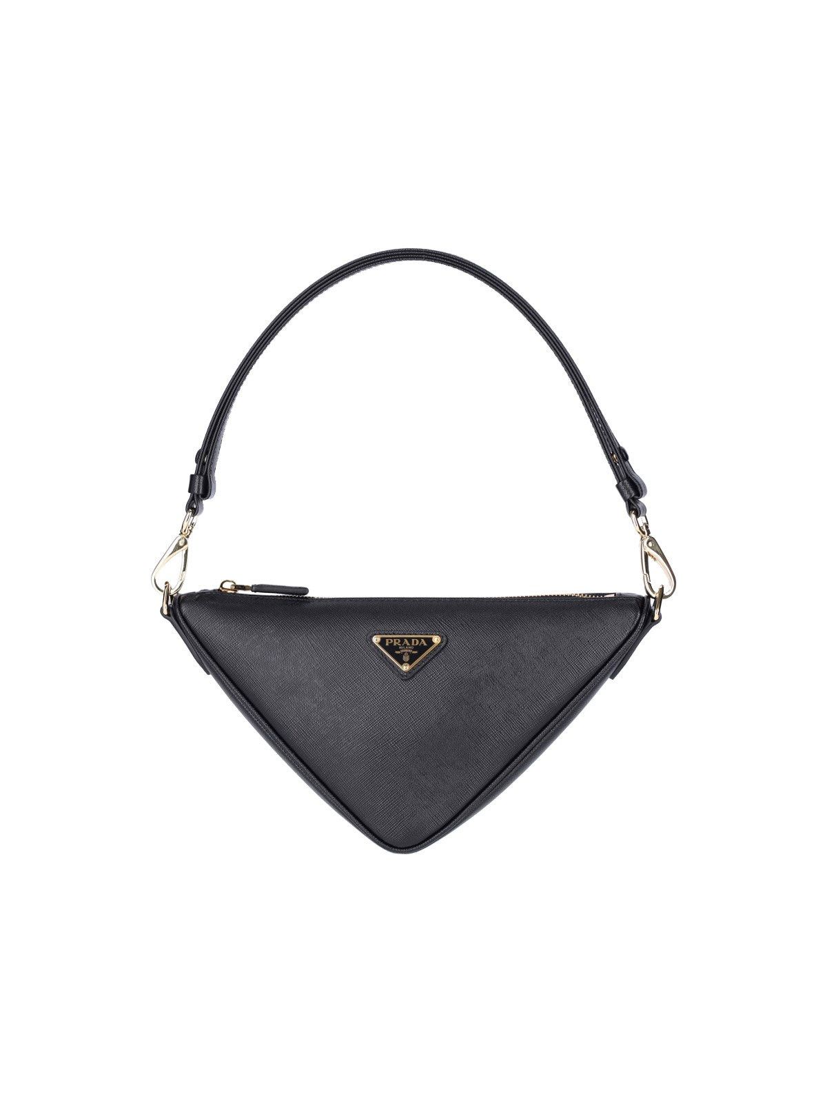 image of Prada Logo Triangle Saffiano Leather Bag With Chain in Black, Women's