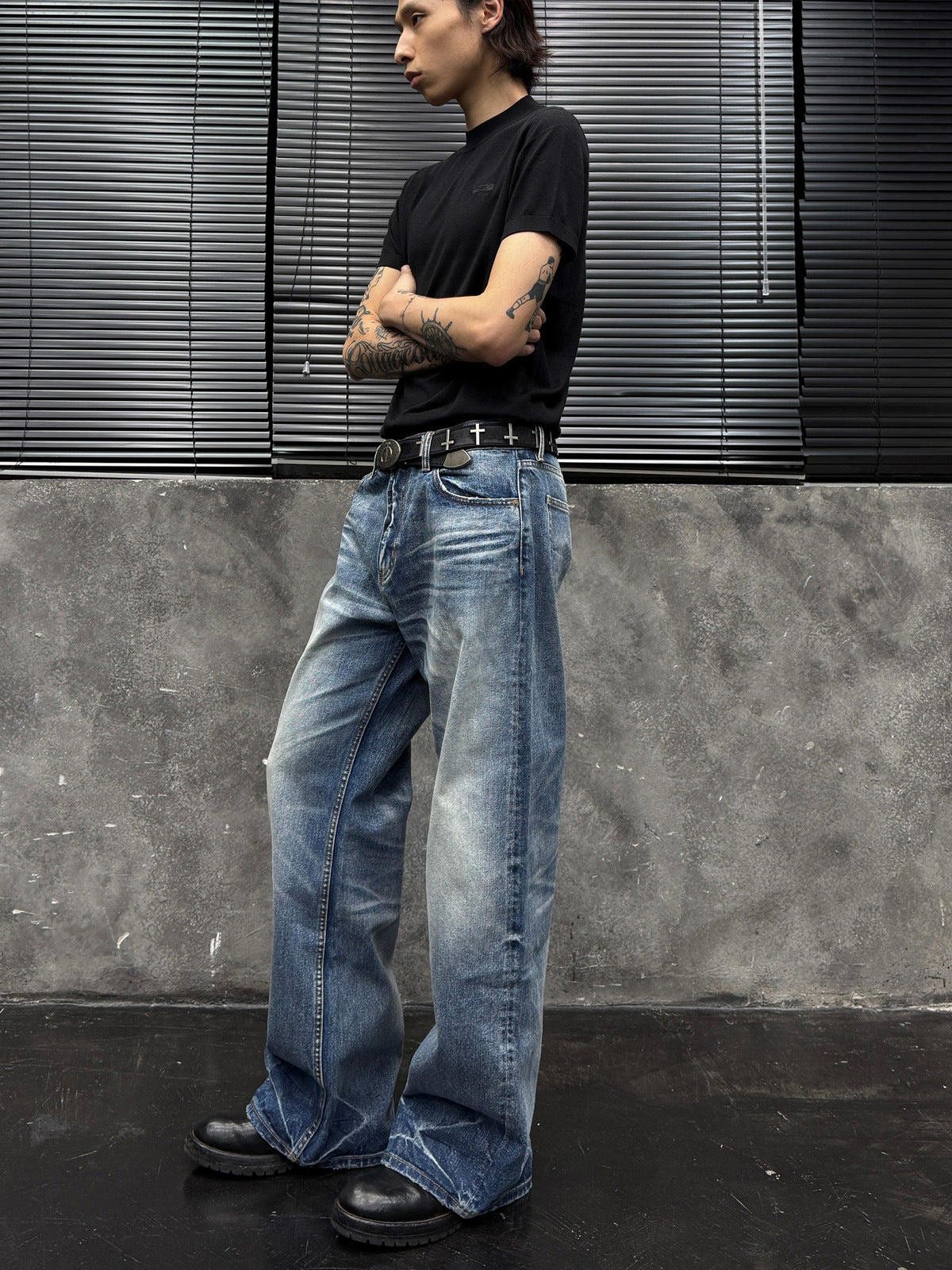 Vintage Blue Wide Leg Vintage Wash Jeans, Loose Fit Denim Pants Size US 32 / EU 48 - 2 Thumbnail