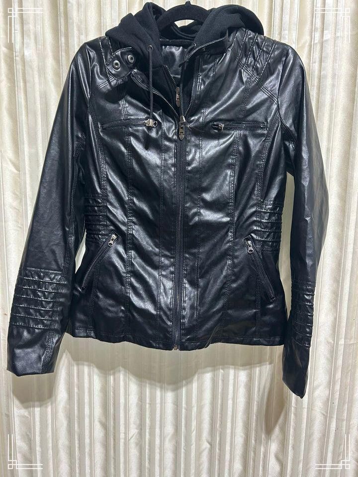 Designer Black Faux Leather Jacket with Detachable Hoodie Insert, S Size ONE SIZE - 1 Thumbnail