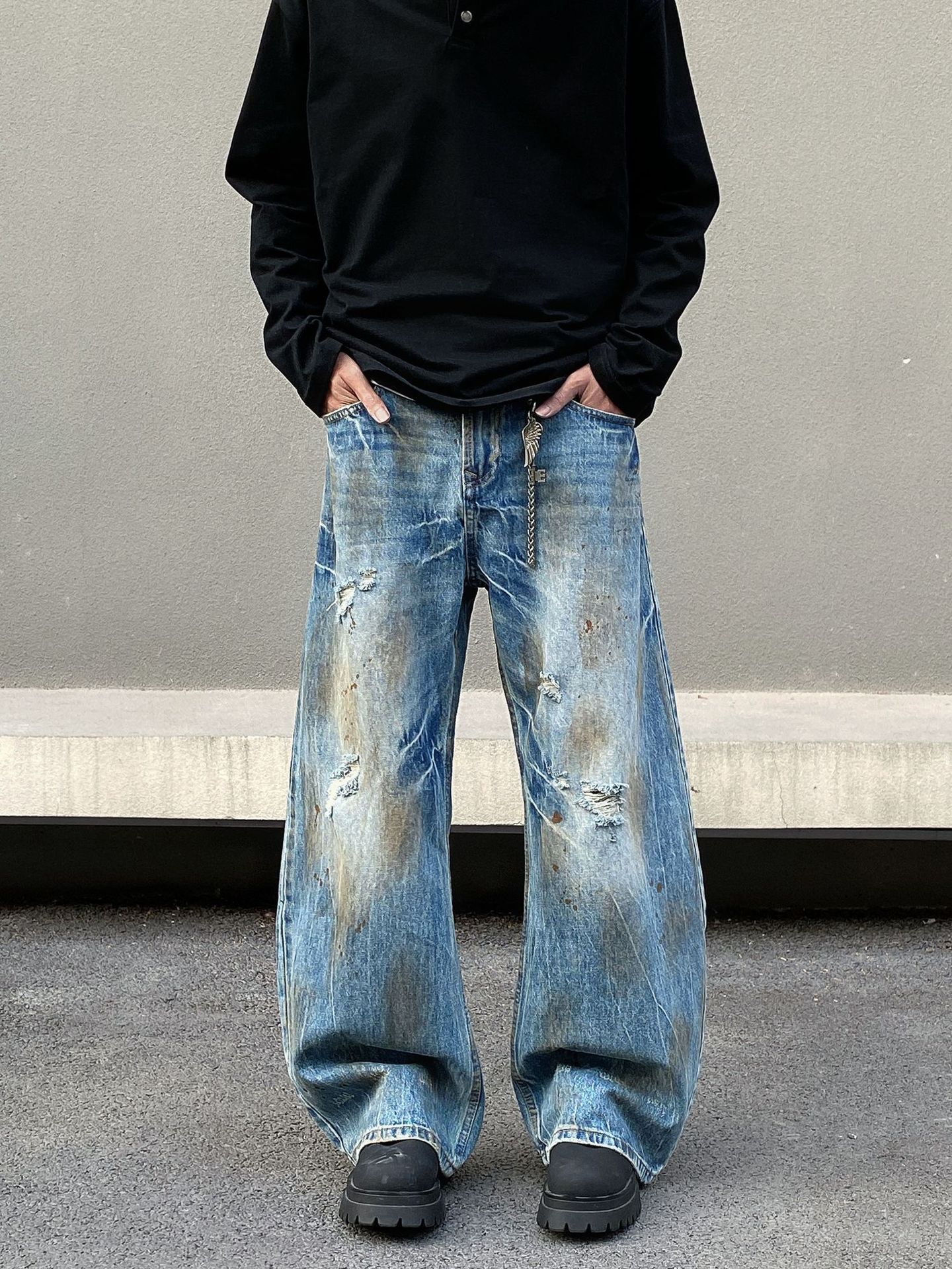 Japanese Brand Retro men's loose straight distressed ripped scimitar jeans Size US 32 / EU 48 - 3 Thumbnail
