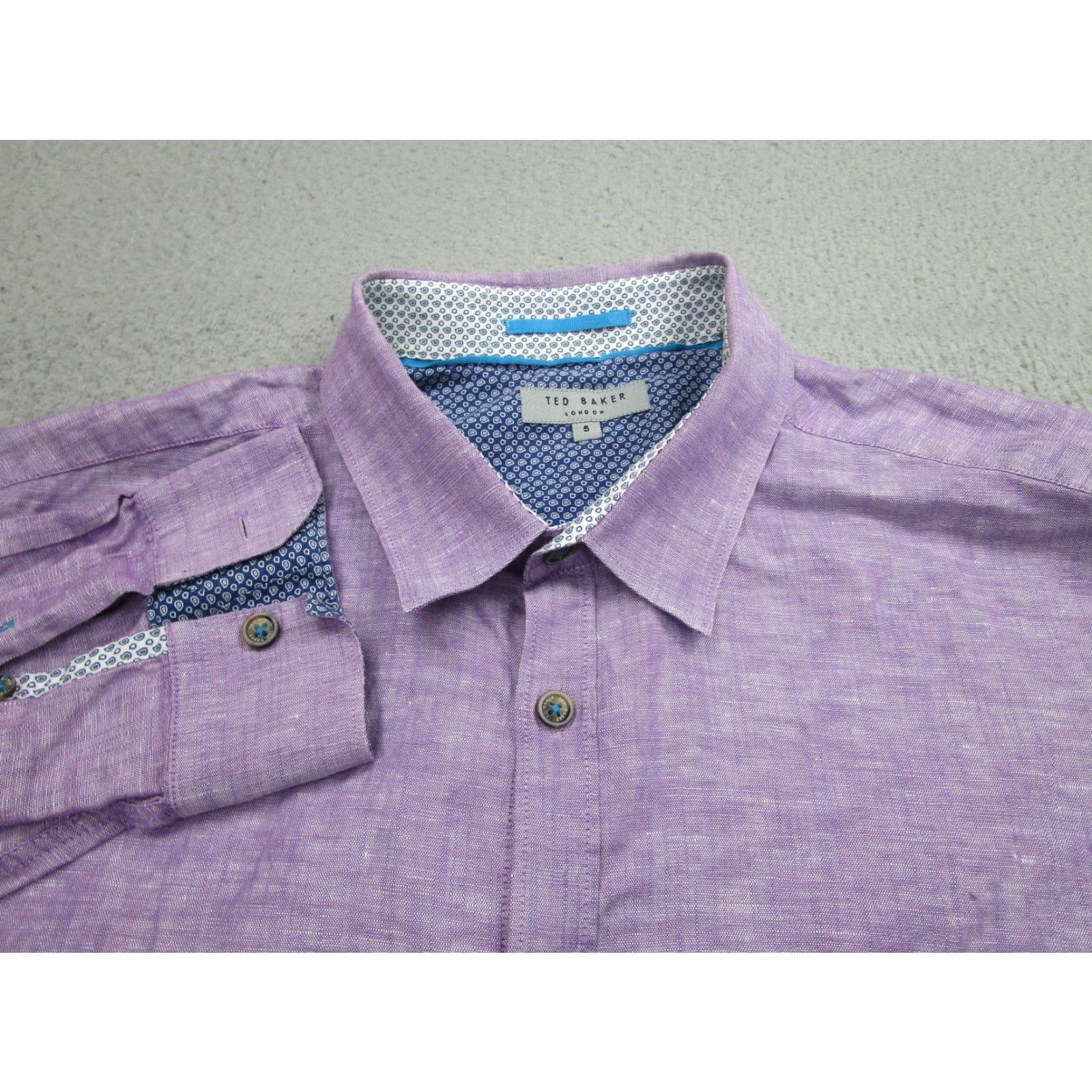 Ted Baker Ted Baker Shirt Mens XL Purple Linen Cotton Button Down Long Sleeve Printed Trim Size US L / EU 52-54 / 3 - 3 Thumbnail