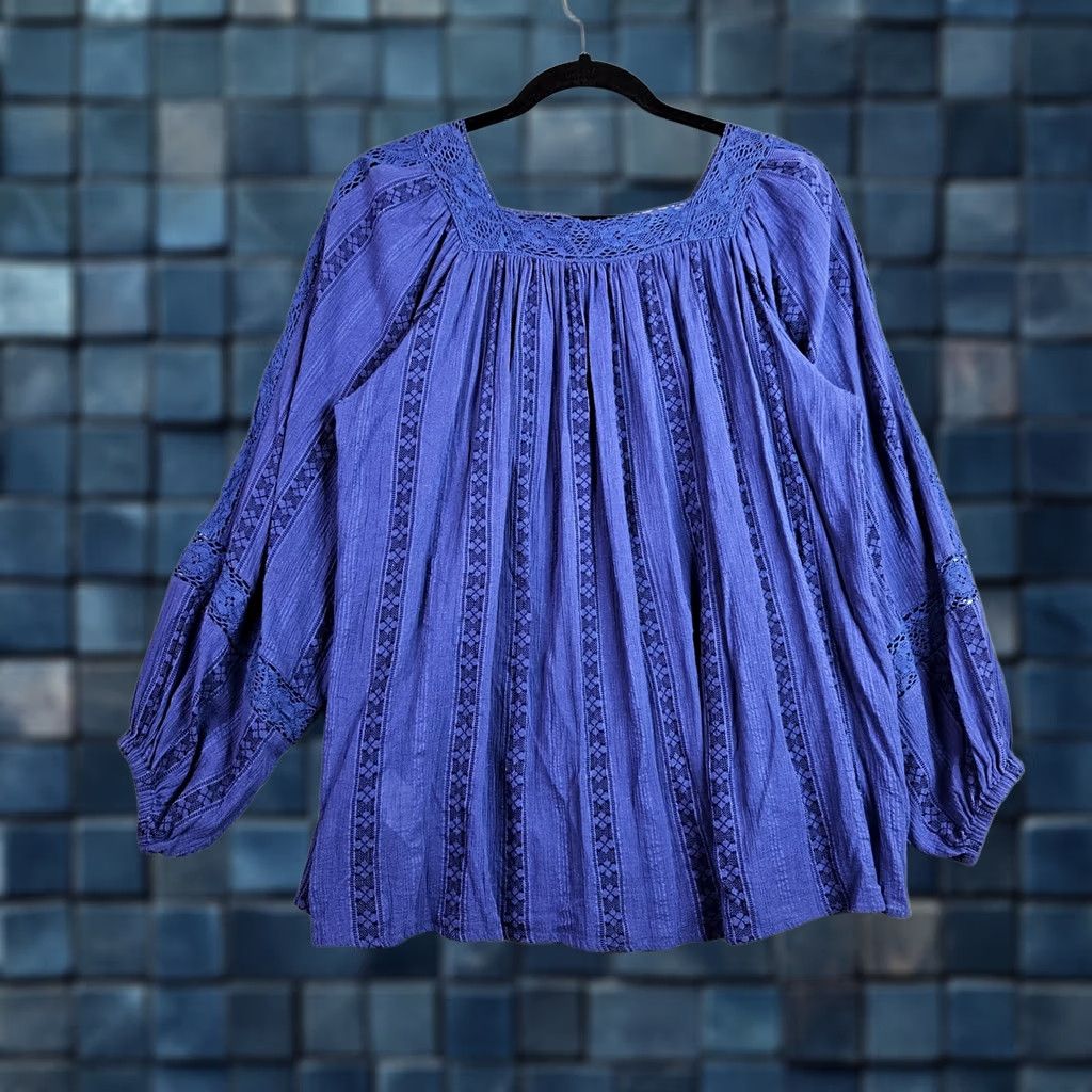 Vintage NE Quittez pas Womens Small Blue Boho Lace Peasant Blouse Balloon Sleeve Size S / US 4 / IT 40 - 1 Thumbnail