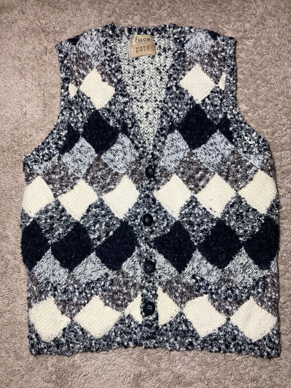 90s Ficce Uomo Carpet Vest Shaggy Checker Sweater Hand Knit