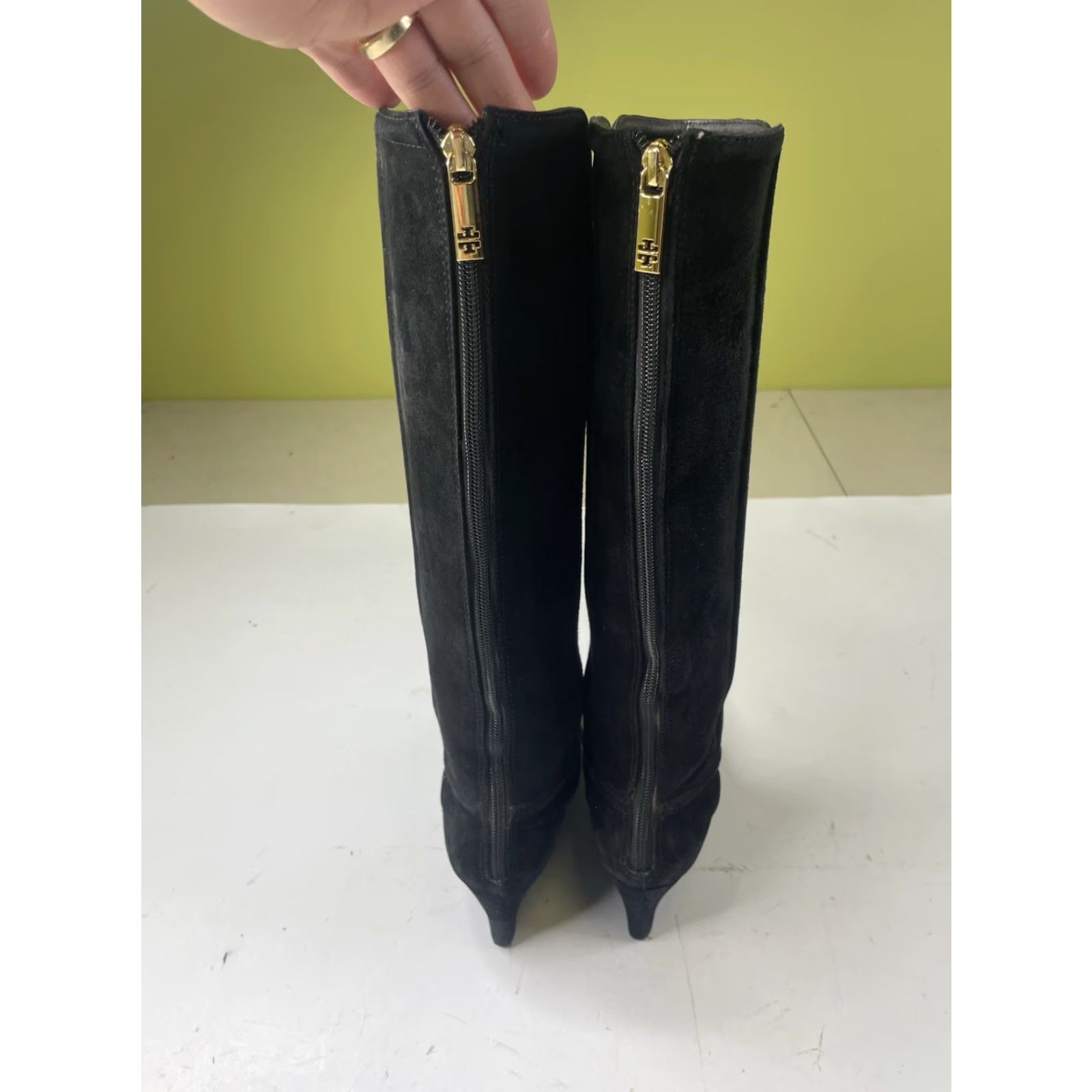 Tory Burch Tory Burch Irene Black Suede Wedge Boots Size 7.5 M Knee High Zip Logo Women Size US 8 / IT 38 - 3 Thumbnail