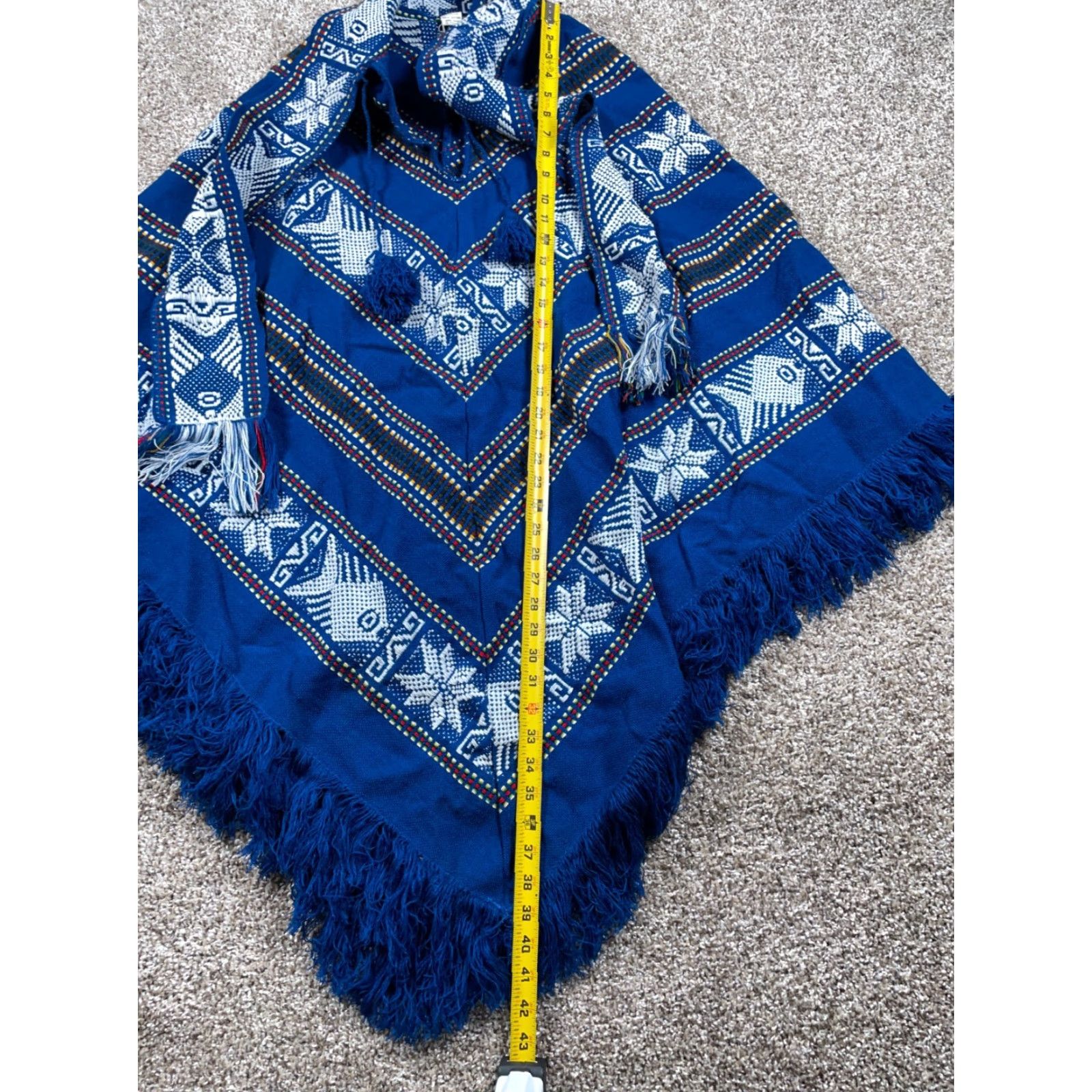 Vintage VINTAGE Handmade Poncho Women's One Size Blue Fringe Southwestern Cotton Ecuador Framework Size ONE SIZE - 5 Thumbnail