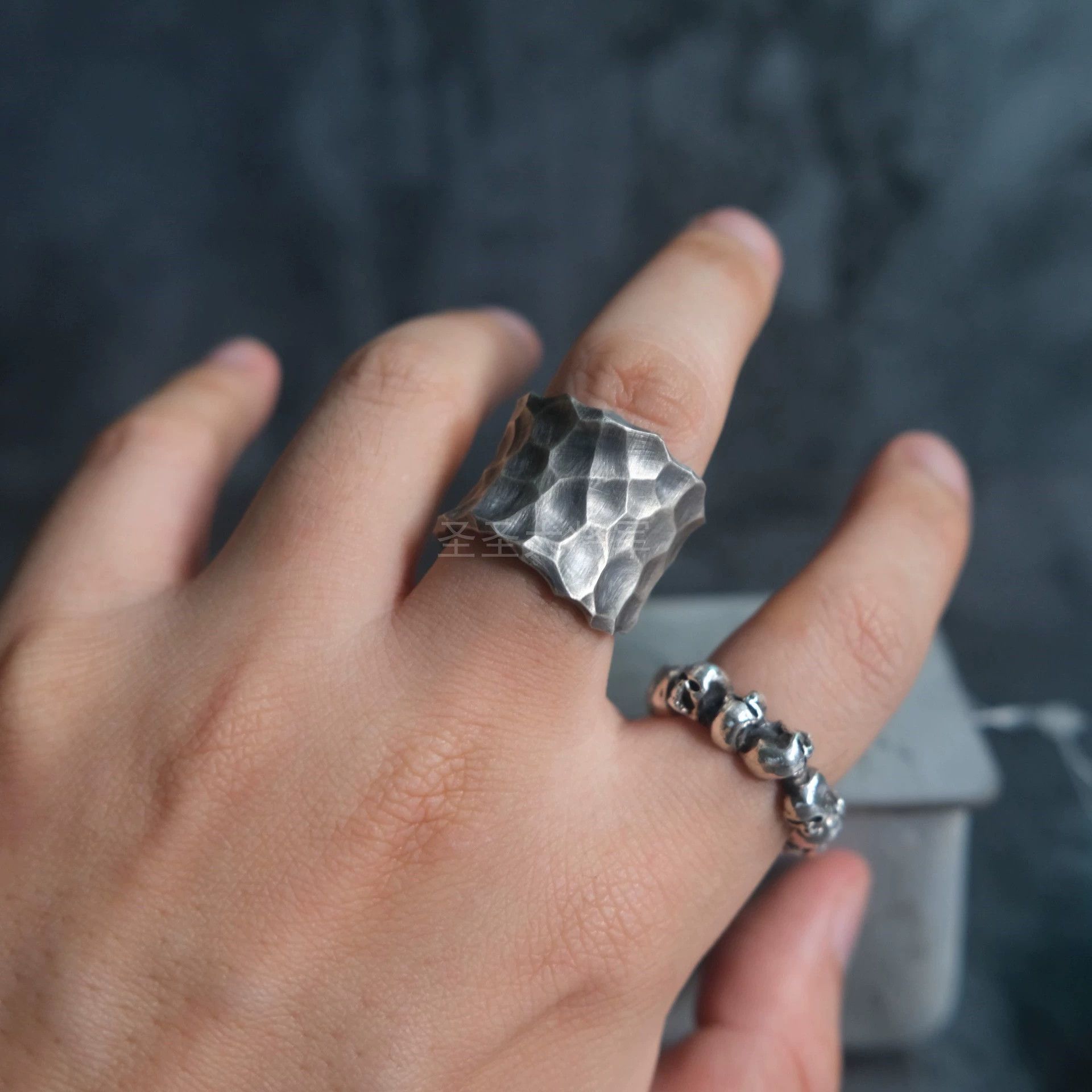 Gothmos Gothmos Korean Hammered Oxidized 925 Silver Ring 14+20 Size ONE SIZE - 7 Thumbnail