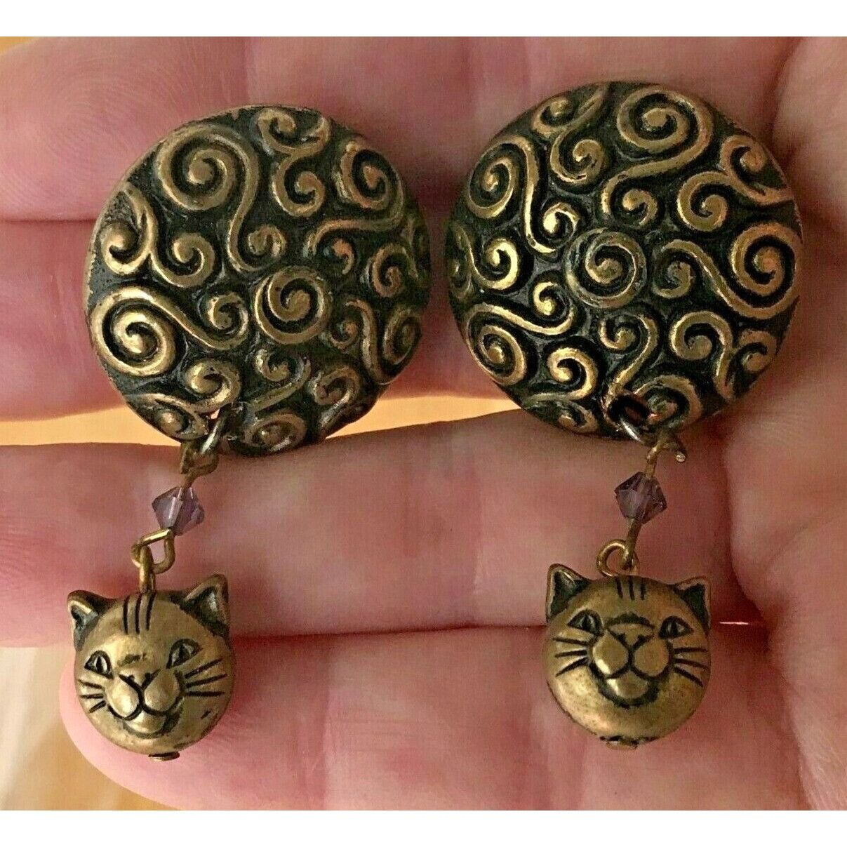 Handmade × Vintage Cat Earrings Handmade Vintage Purple Crystals Kitty Lover On Size ONE SIZE - 2 Thumbnail