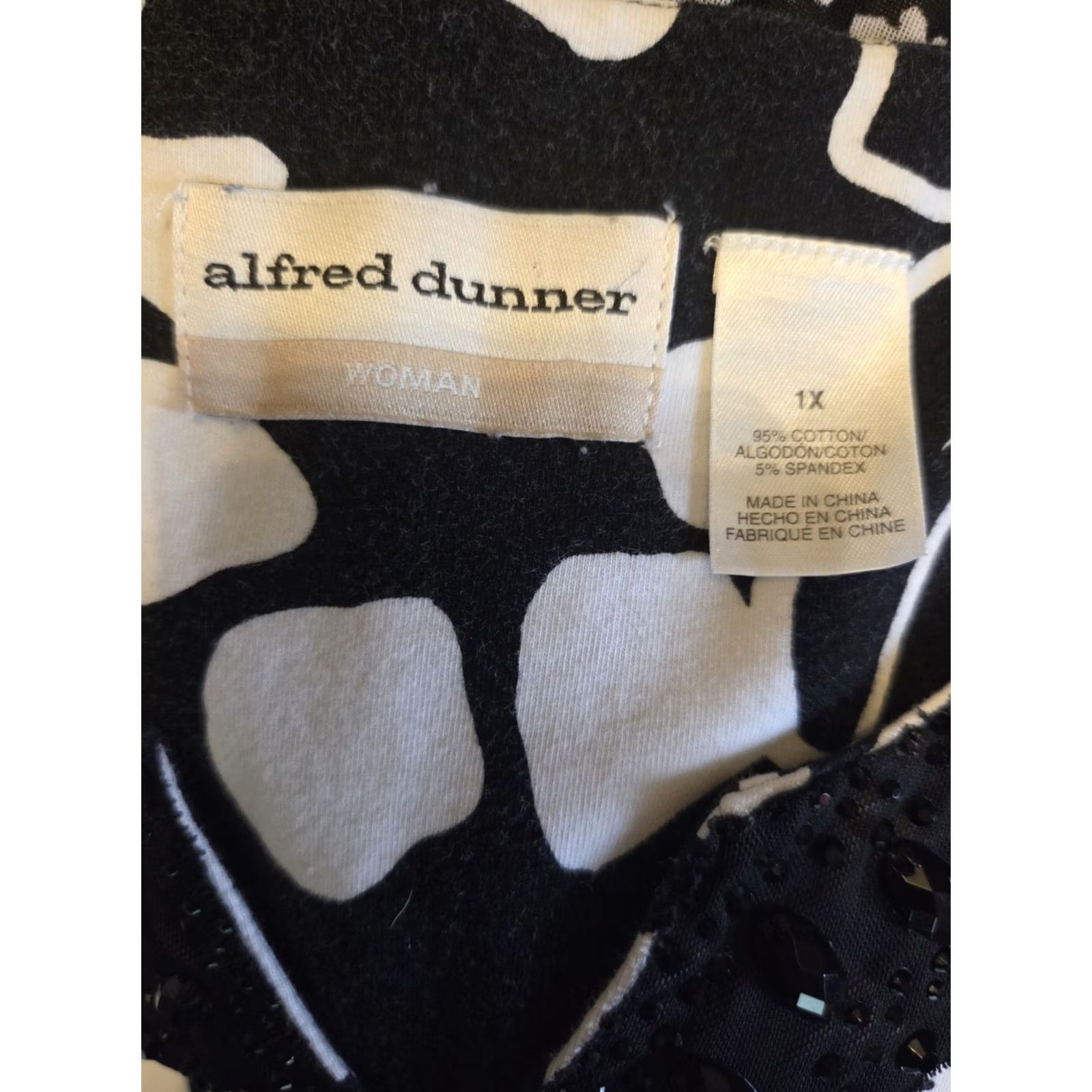 Vintage Alfred Dunner Woman White Black Floral Print Beaded Trim Top 1X Size XL / US 12-14 / IT 48-50 - 6 Thumbnail