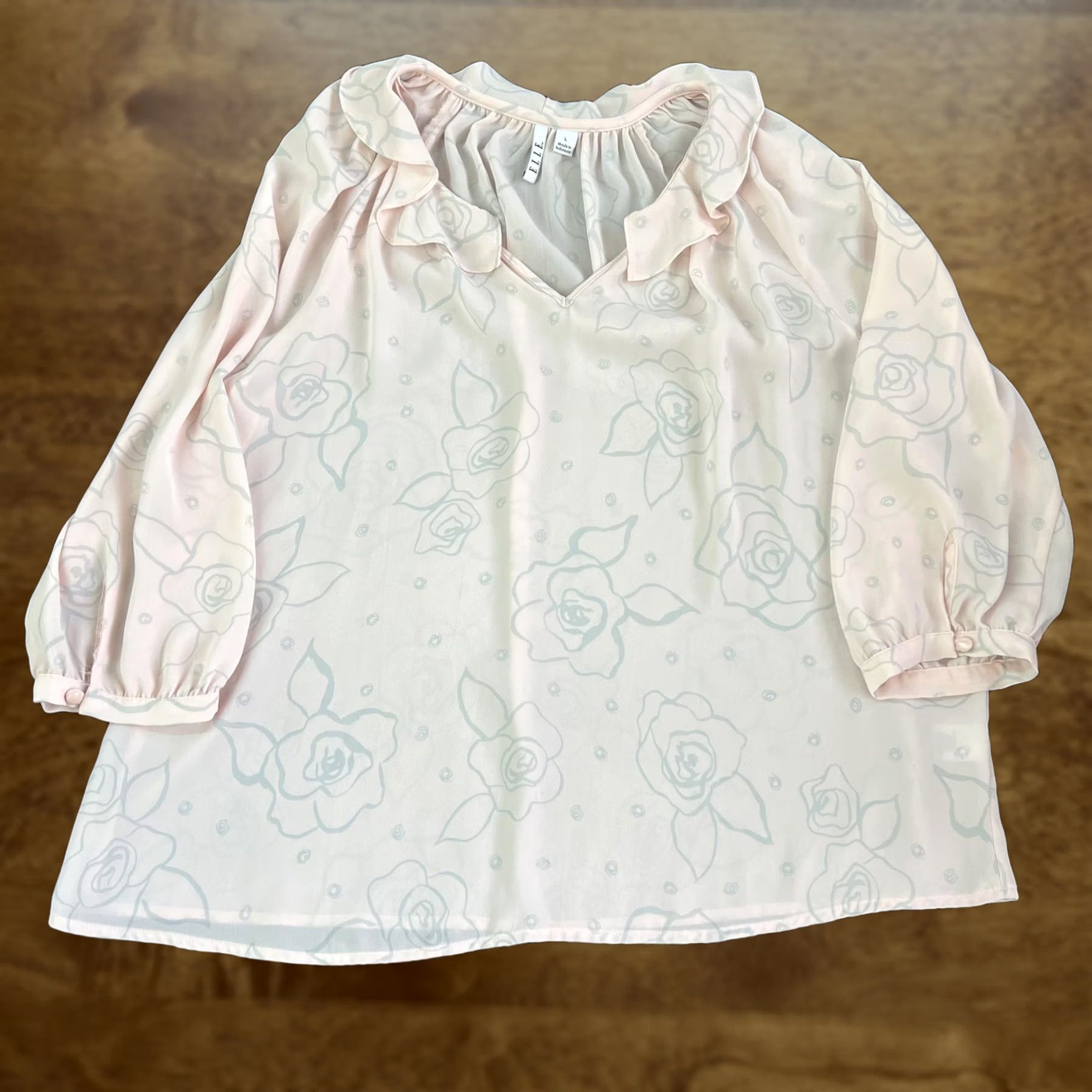 Vintage ELLE Blouse Womens Large Pink Floral Ruffle V Neck 3/4 Sleeve Sheer Chiffon Size L / US 10 / IT 46 - 1 Thumbnail