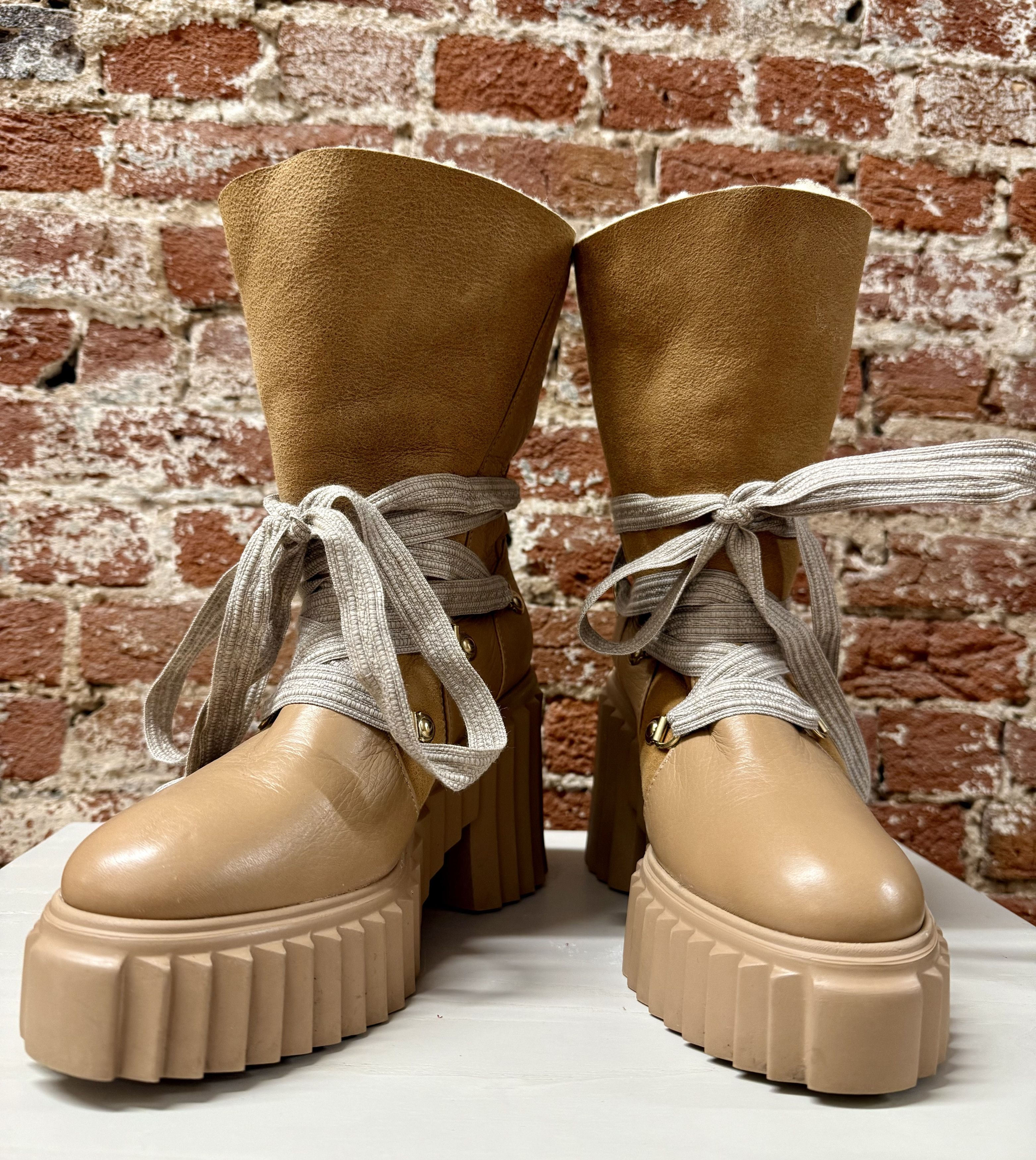 AGL AGL Women's Tan Suede Shearling Lined Laced-Up Boots, US 7.5 Size US 7.5 / IT 37.5 - 1 Thumbnail