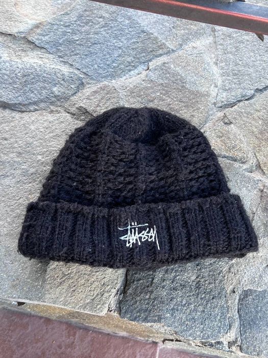 Vintage 90s Stussy knit black hat beanie embroidered logo | Grailed
