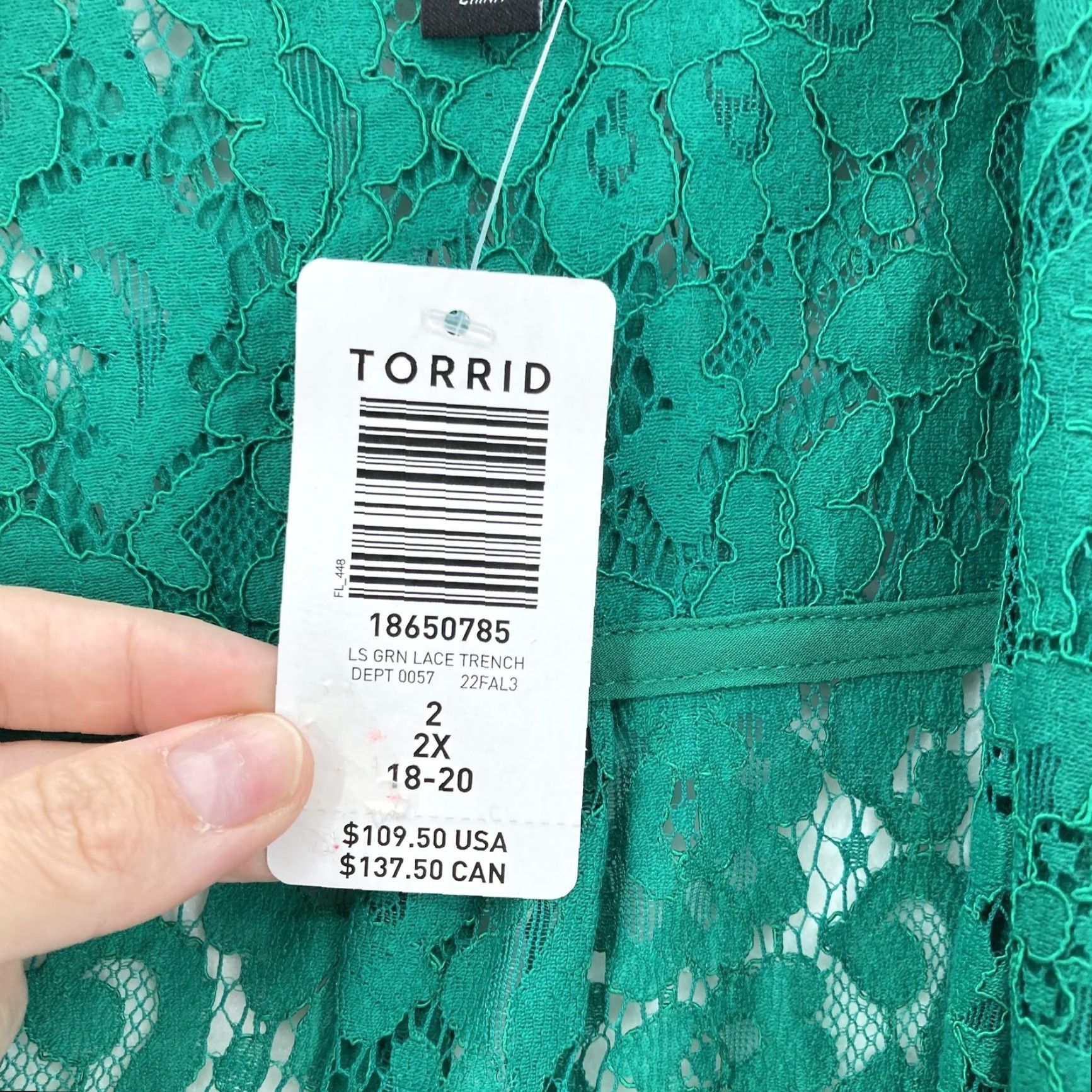Torrid Torrid Lace Trench Jacket Womens 2X Green Long Sleeve Belted Open Front Sheer Coatigan Size XXL / US 16-18 / IT 52-54 - 5 Thumbnail