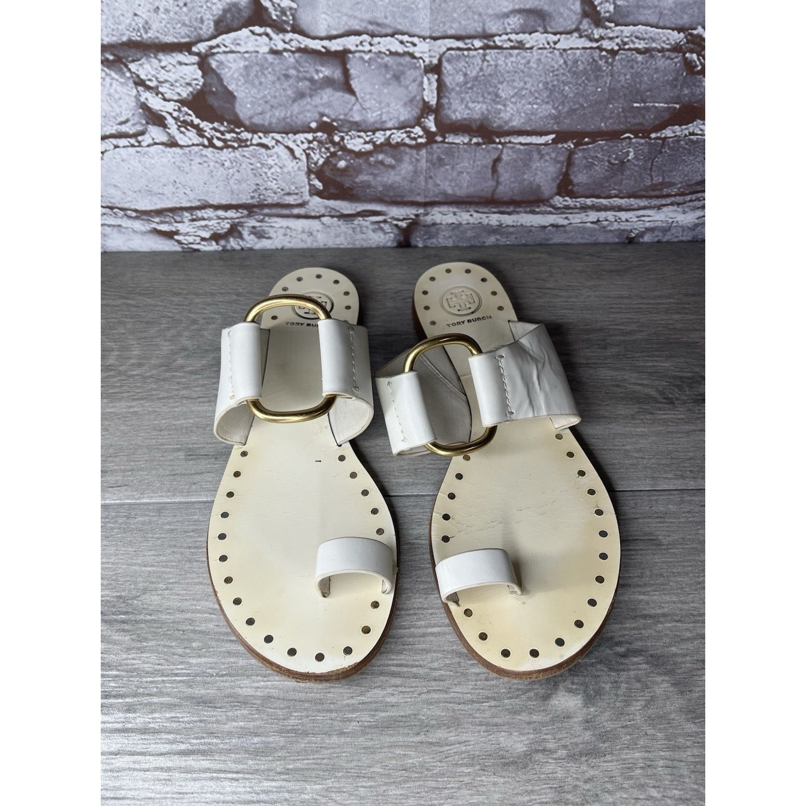 Tory Burch Tory Burch Ravello Studded White Leather Gold Rings Toe Post Size US 8 / IT 38 - 17 Thumbnail