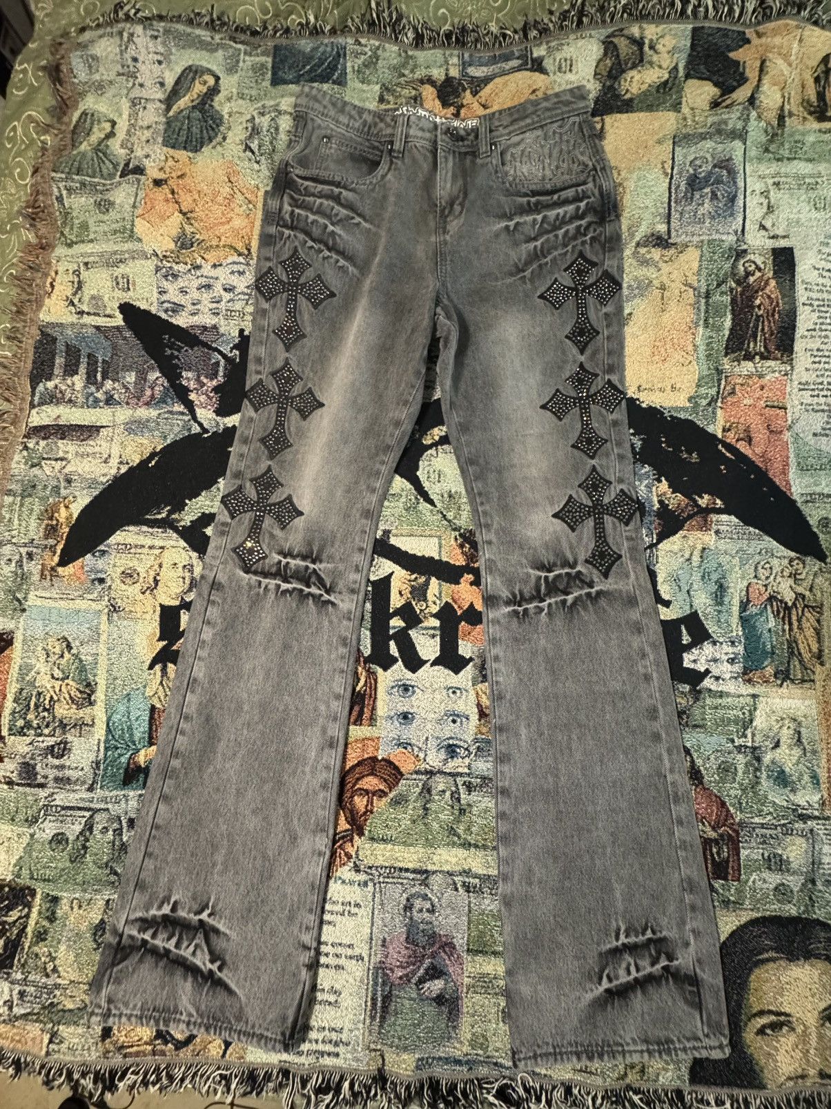 Ninth Hall Defender Crosses Grey Fade Flare Jeans