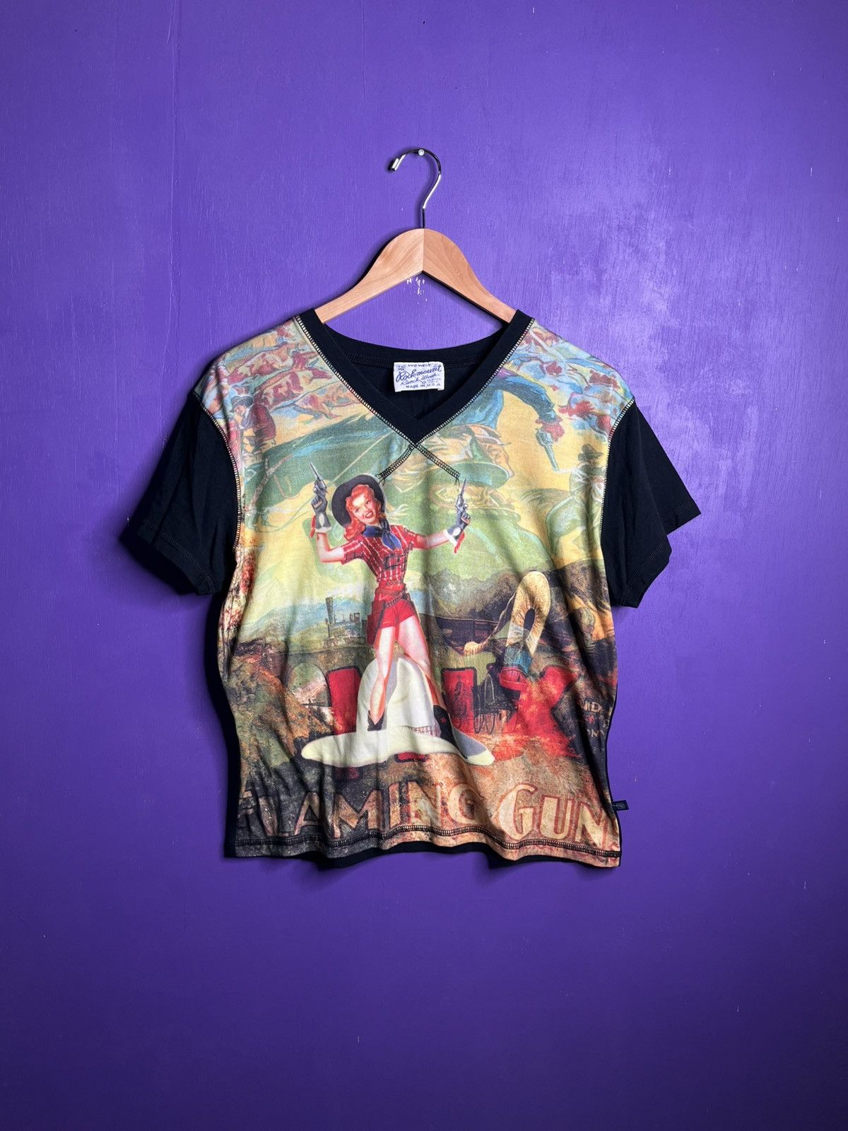 Vintage 80s Flaming gun Cowgirl AOP t-shirt