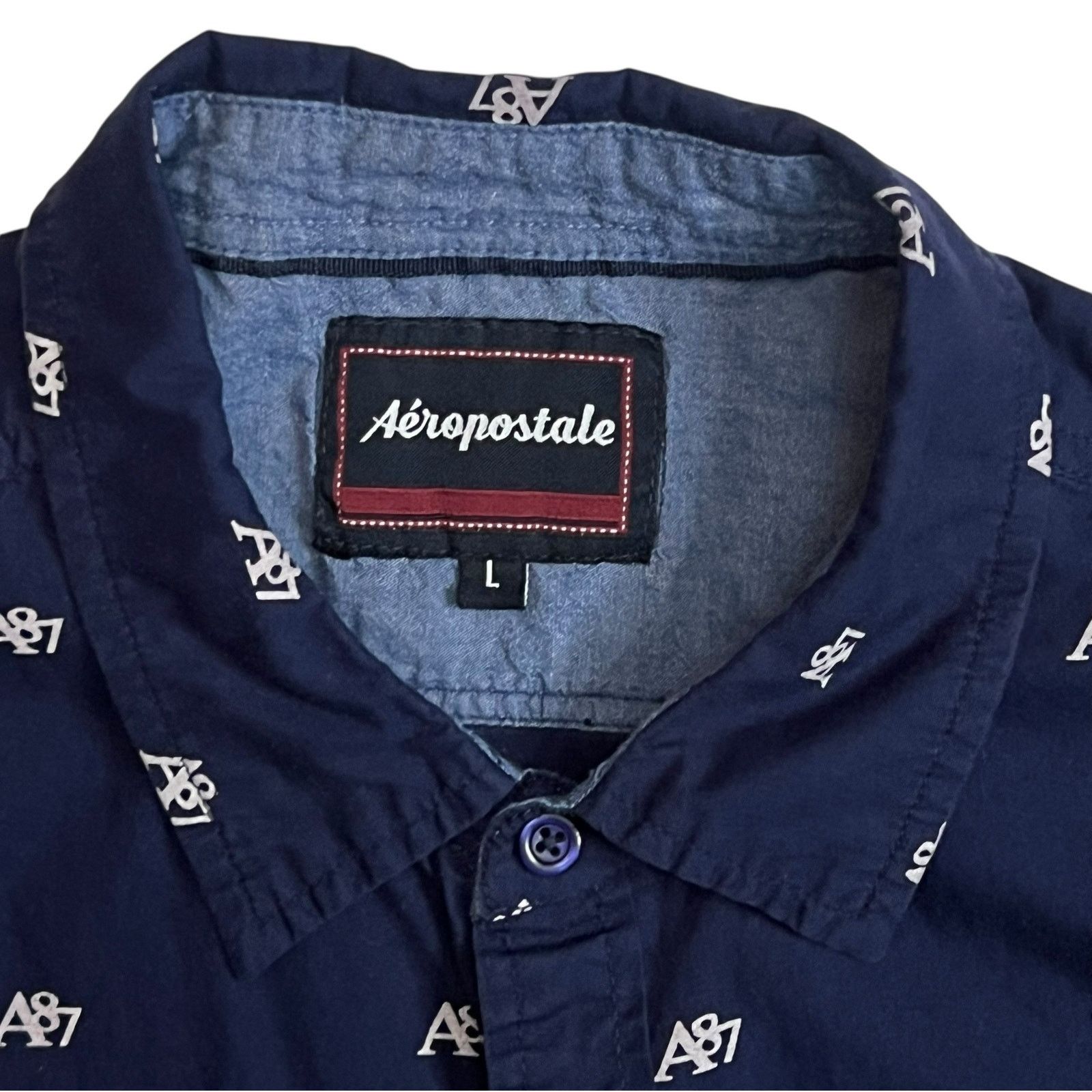 Aeropostale Aeropostale A87 Men’s Short Sleeve Button Up Shirt Navy Blue Size US L / EU 52-54 / 3 - 2 Thumbnail