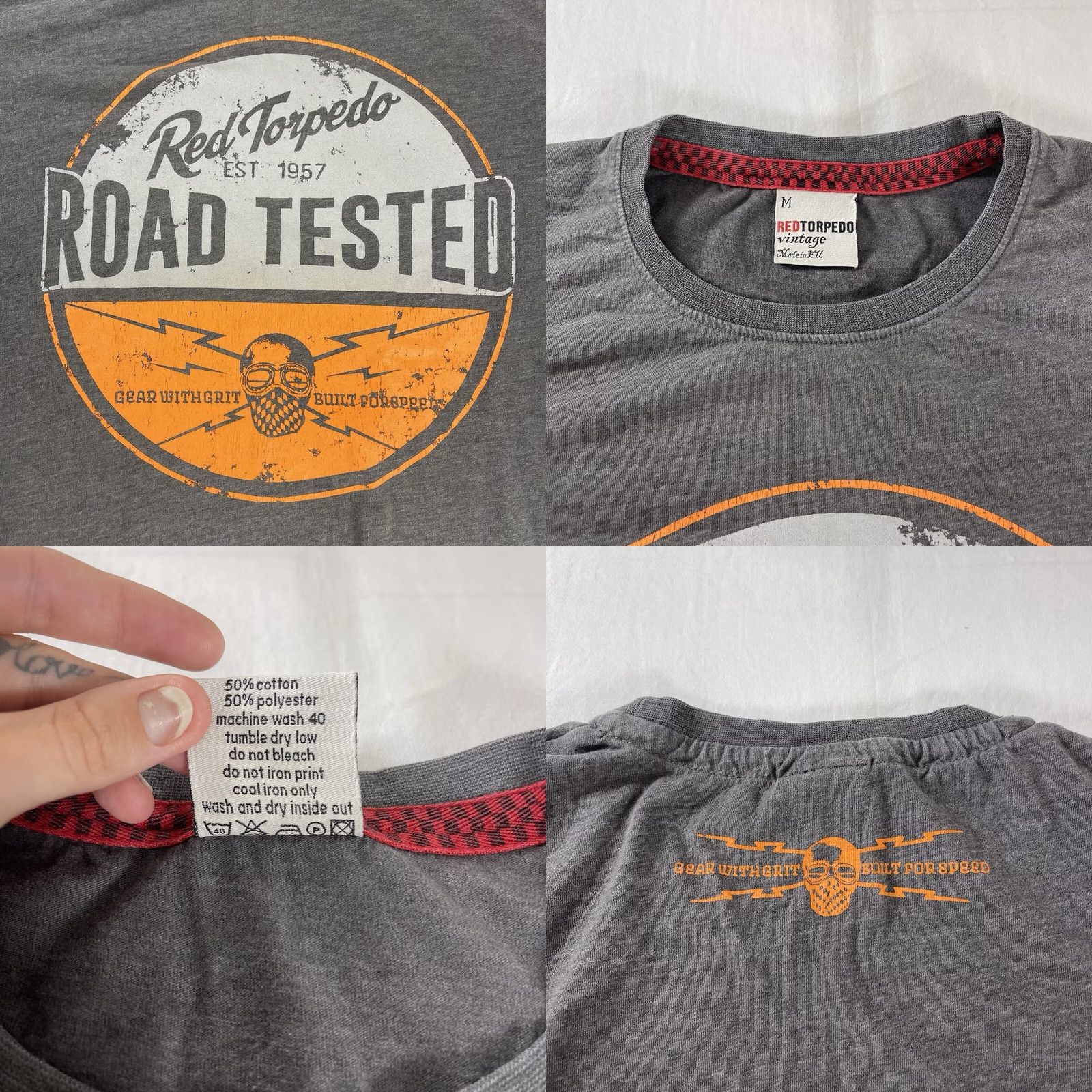 Vintage Red Torpedo T-Shirt Mens Sz M ROAD TESTED Gray Skull Logo Graphic Street Gear Geared Blightly 90s Vintage Theme Boys Mens Size US M / EU 48-50 / 2 - 8 Thumbnail