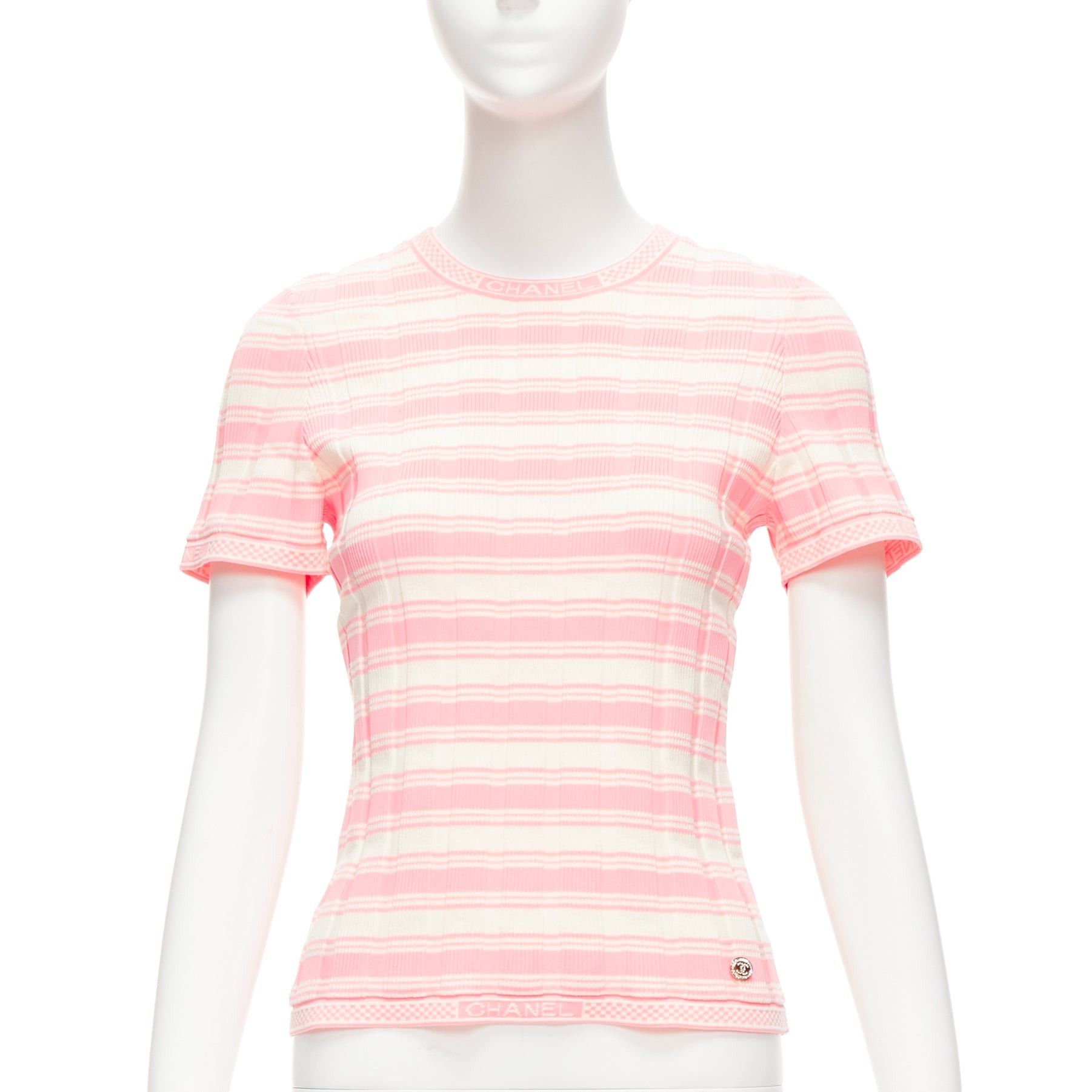 Chanel CHANEL 23C white pink stripe logo charm short sleeve ribbed sweater FR40 L Size M / US 6-8 / IT 42-44 - 1 Thumbnail