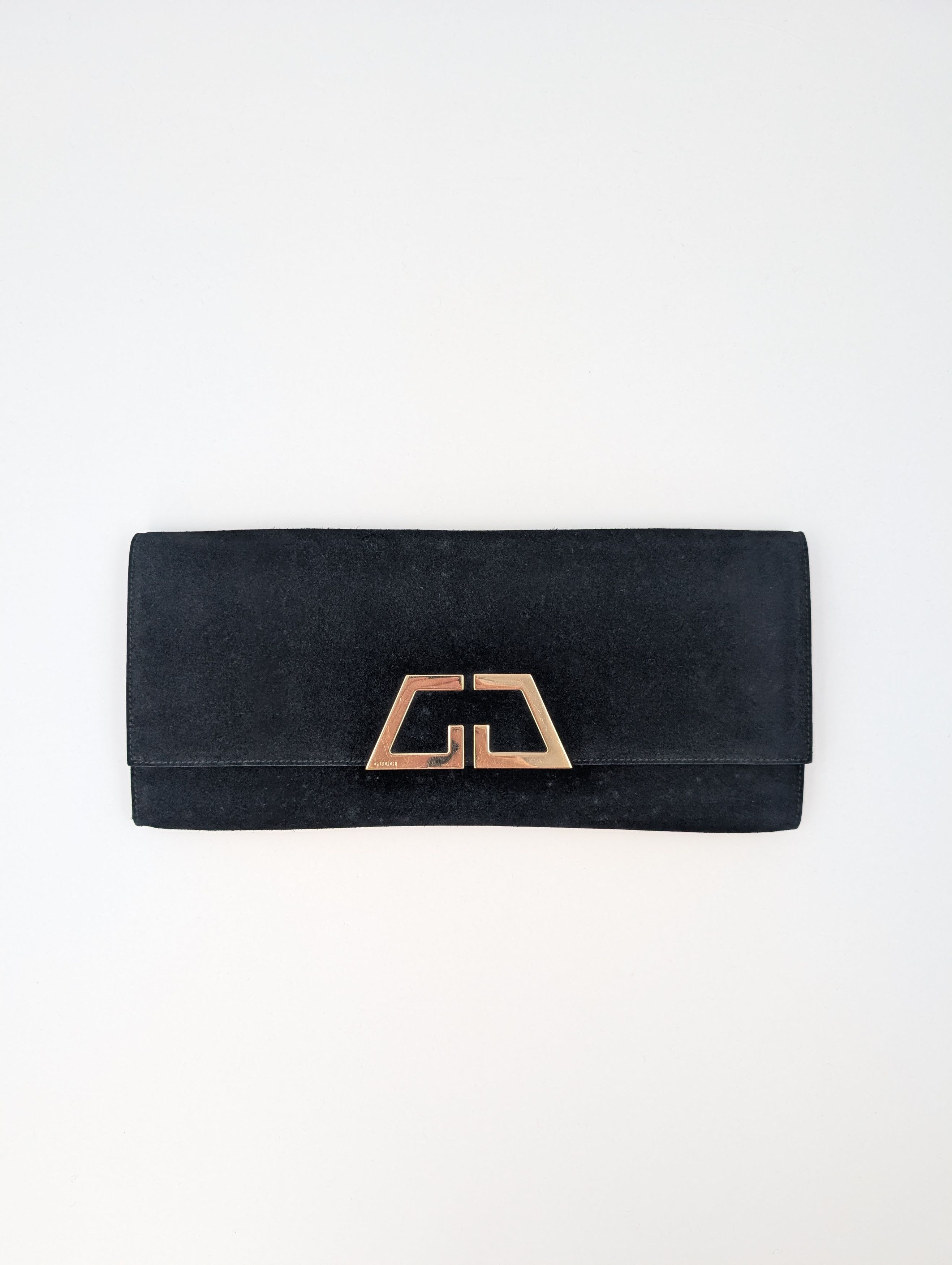 Gucci Gucci Black Suede Clutch With Gold Logo Size ONE SIZE - 1 Thumbnail